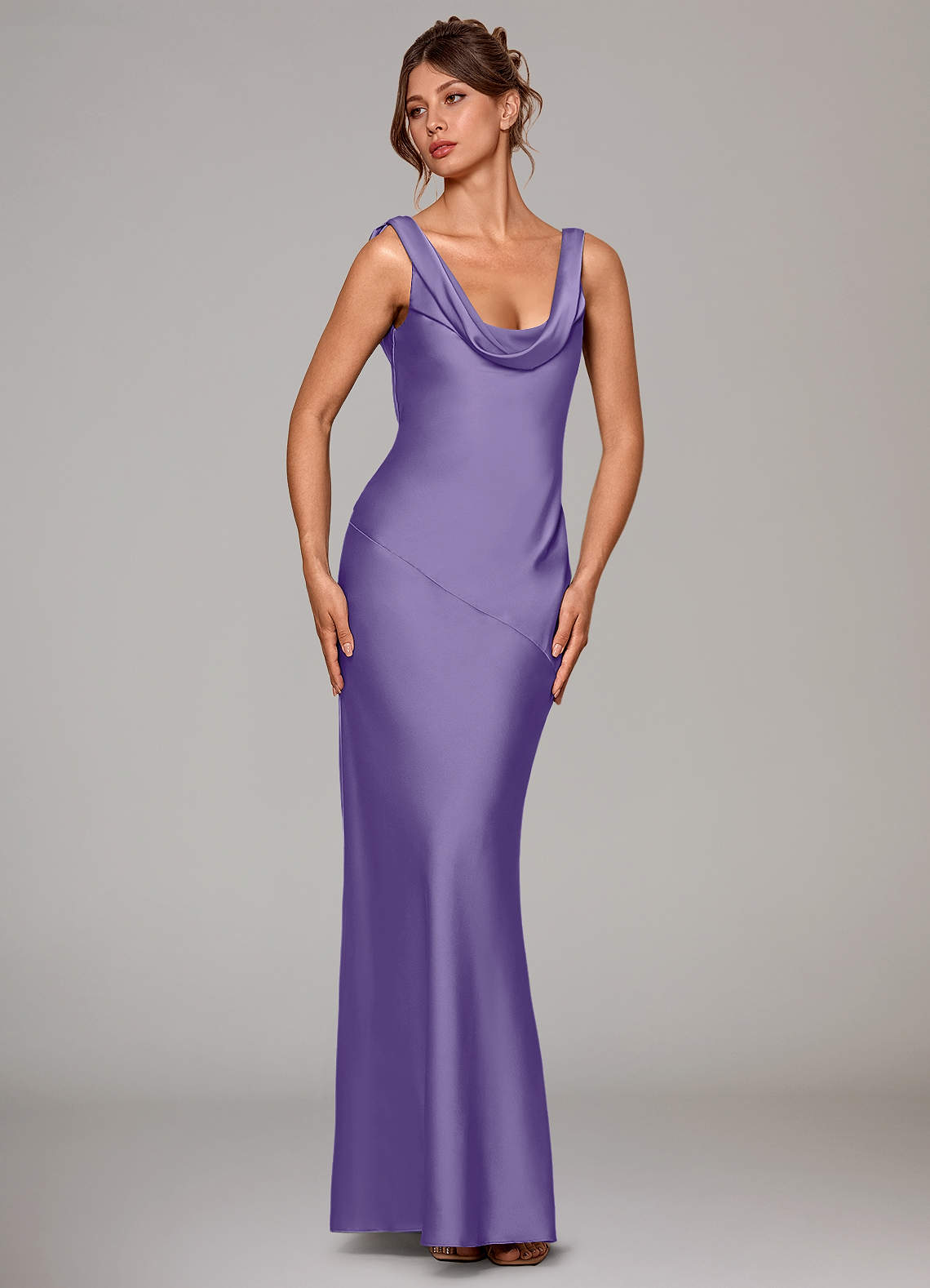 Rylina Mermaid Cowl-Neck Stretch Satin Bridesmaid Dress in Tahiti