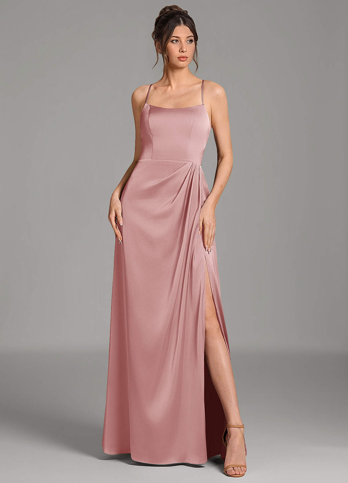 Frankie A-Line Scoop-Neck Stretch Satin Bridesmaid Dress in dusty rose