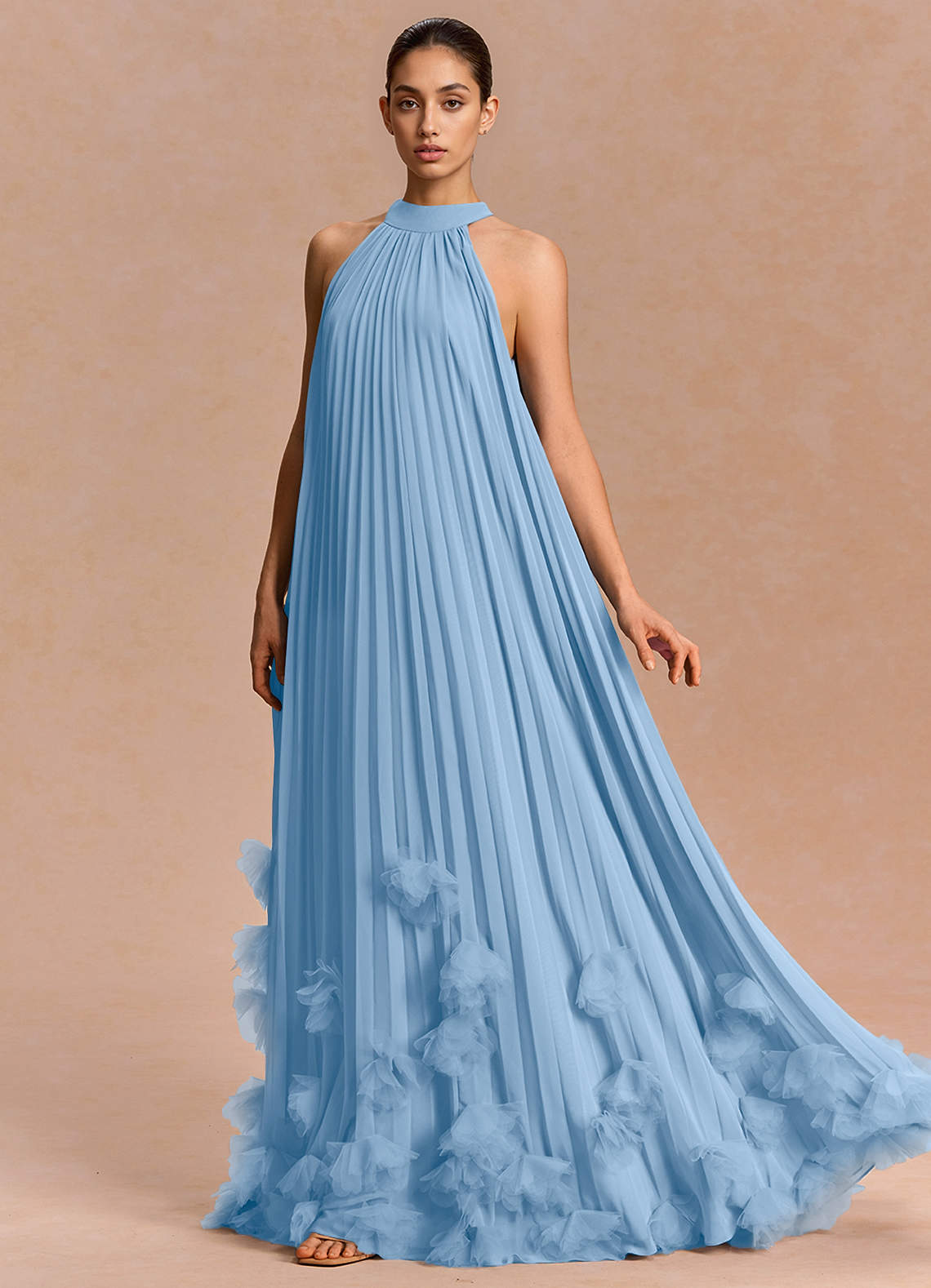 Lucette A-Line Halter Chiffon Evening Dress in Haze blue