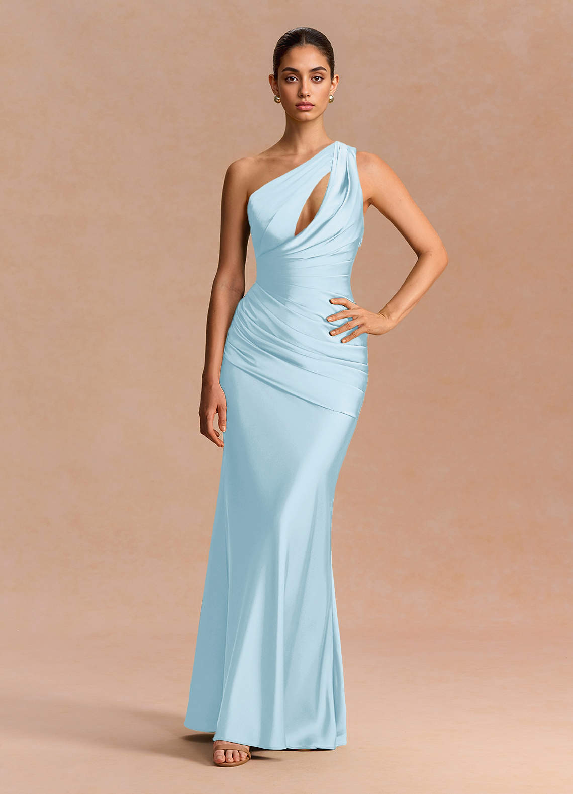 Guinevere One-Shoulder Cutout Stretch Satin Evening Dress in Light Blue