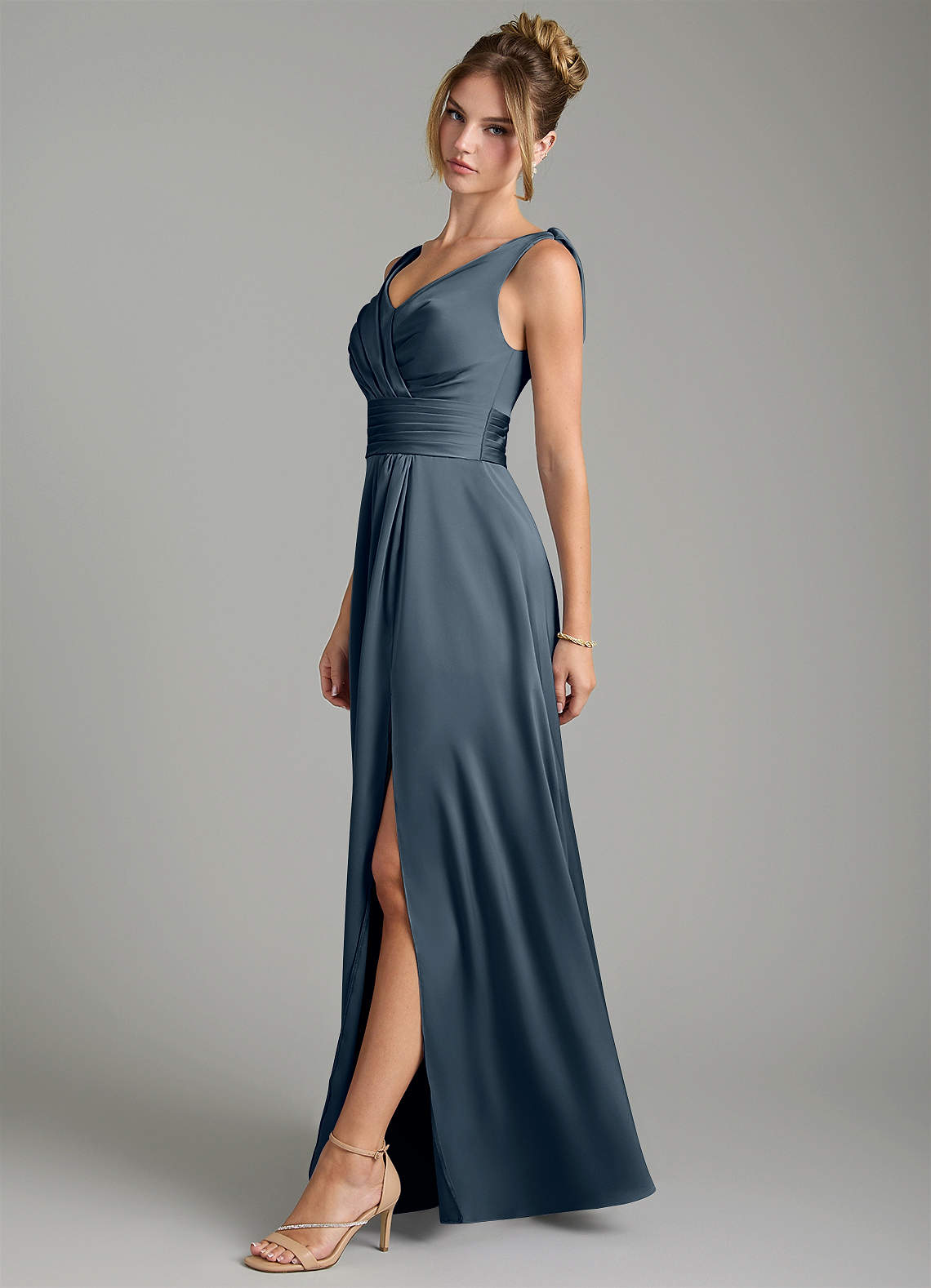 Karina A-Line V-Neck Stretch Satin Bridesmaid Dress in Twilight