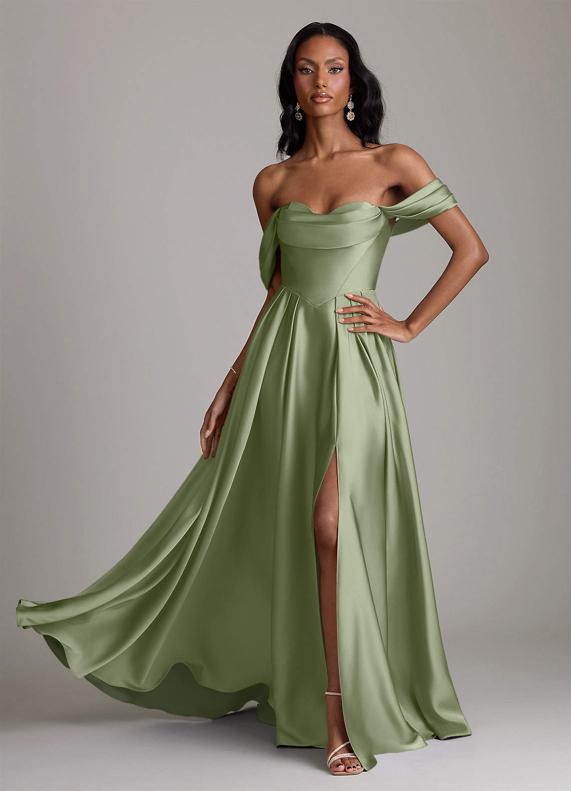 Loisa A-Line Off-the-Shoulder Stretch Satin Bridesmaid Dress in Pistachio