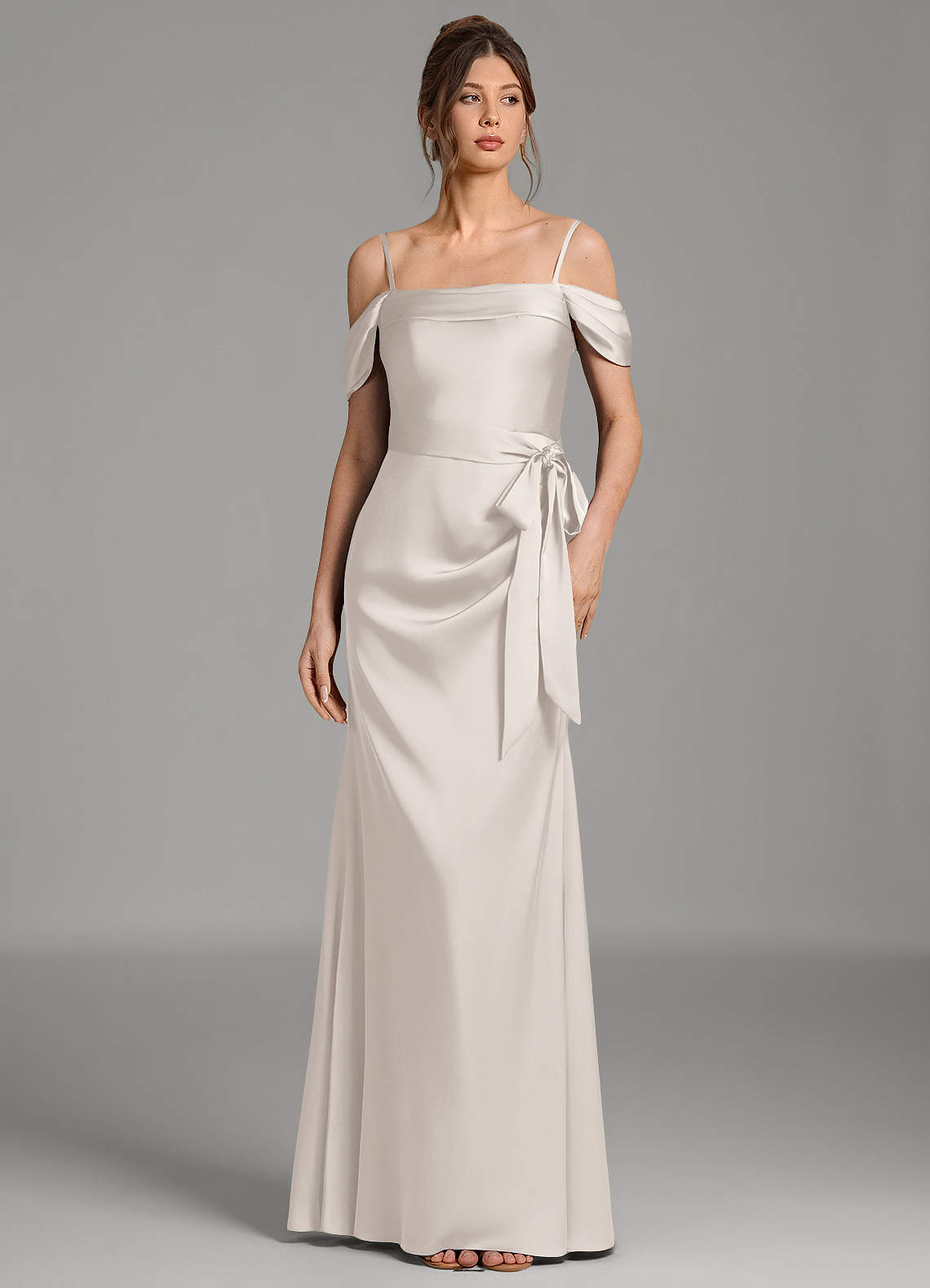 Wyatt Mermaid Off-the-Shoulder Stretch Satin Bridesmaid Dress in White Alabaster