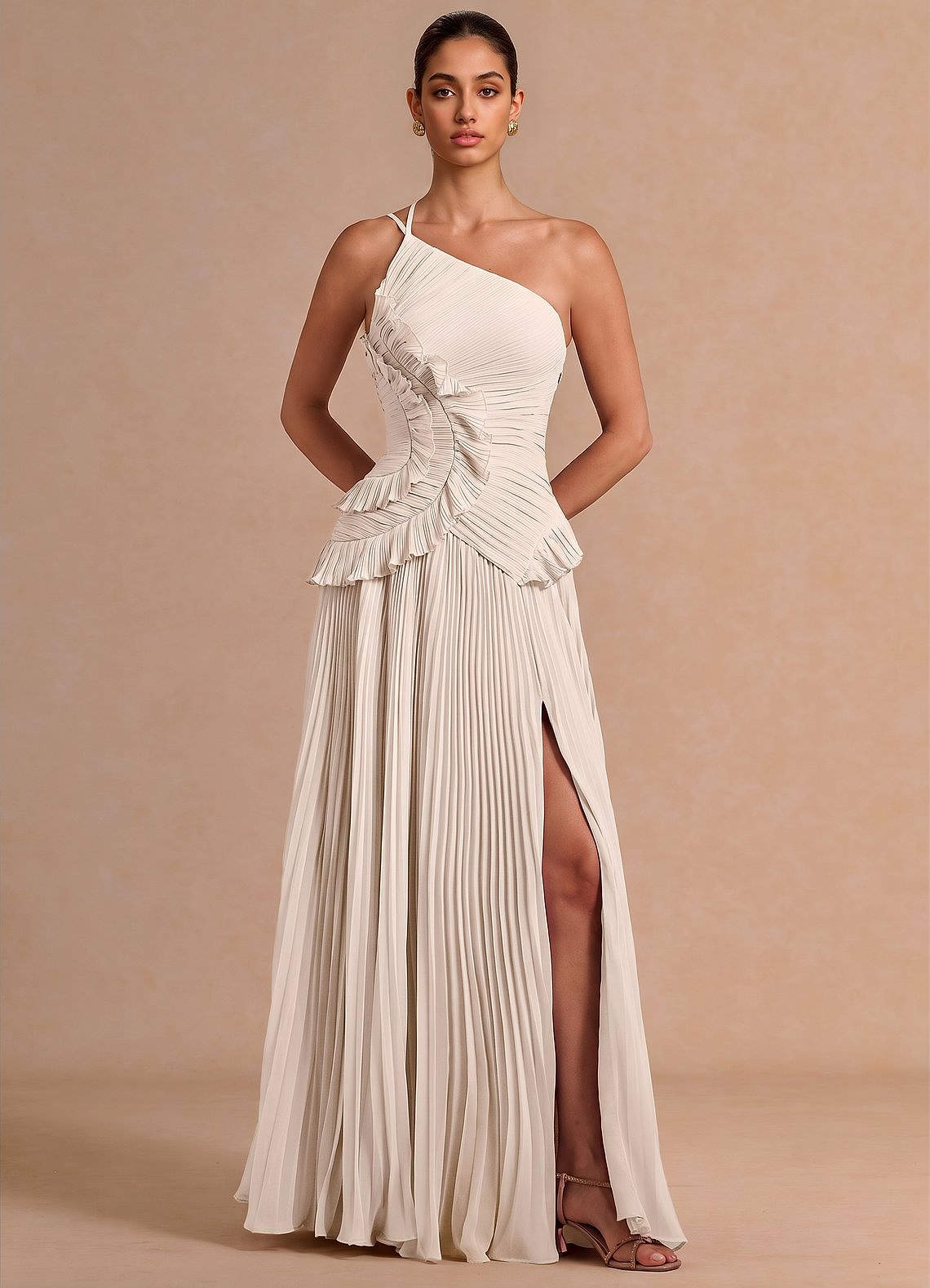 Melody A-Line One-Shoulder Chiffon Evening Dress in Cream