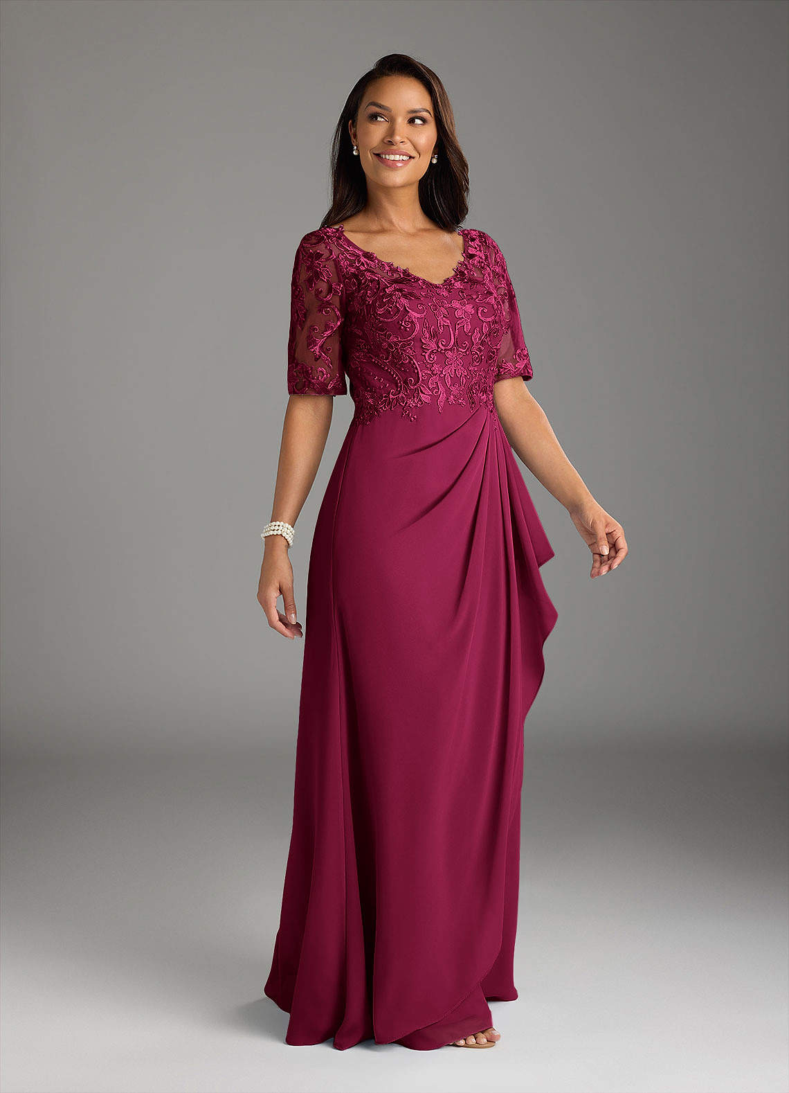 Amedeus A-Line V-Neck Chiffon and Lace Mother of the Bride Dress in Burgundy