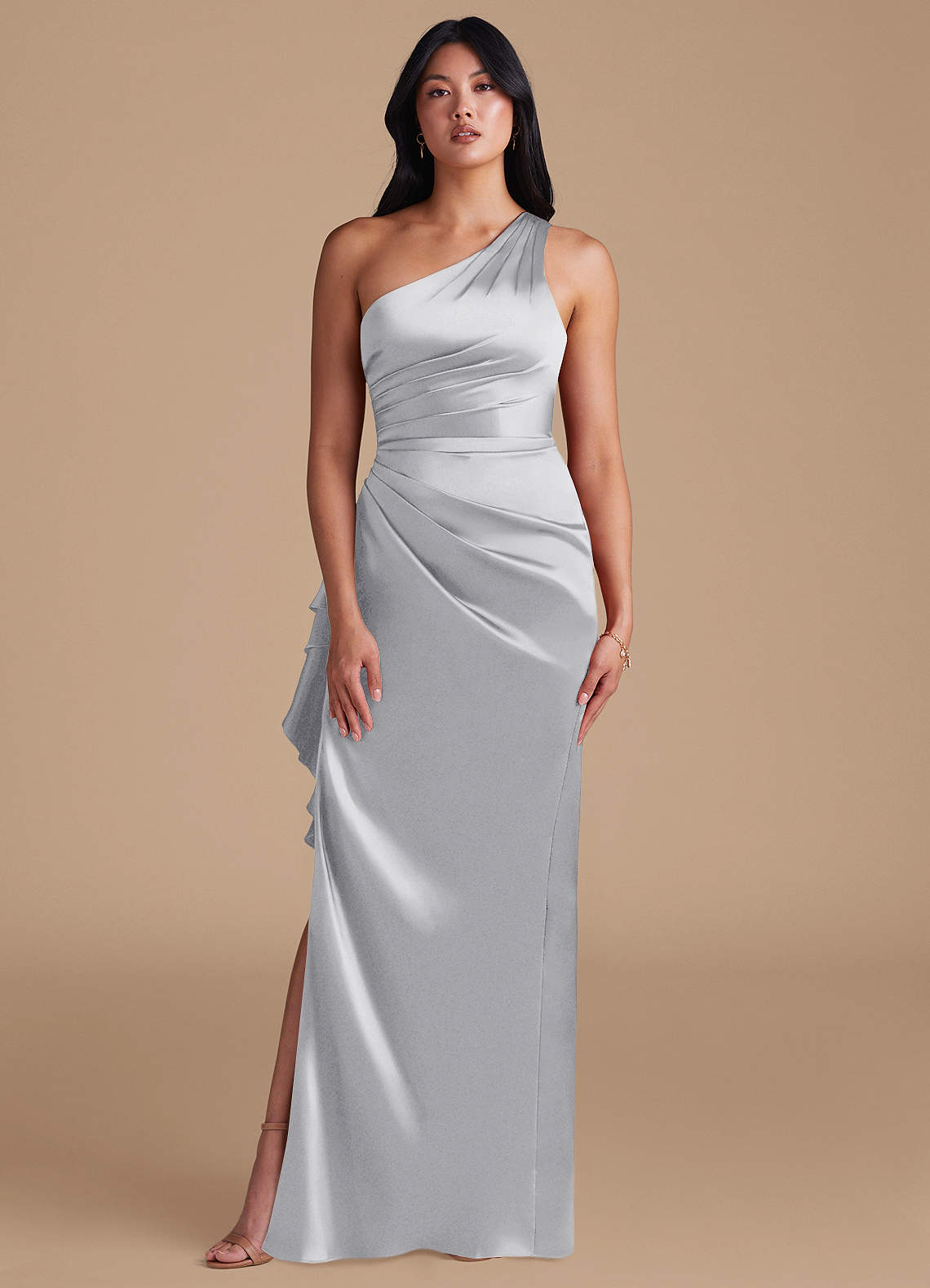 Latrice Sheath One-Shoulder Metallic Satin Bridesmaid Dress in Silver