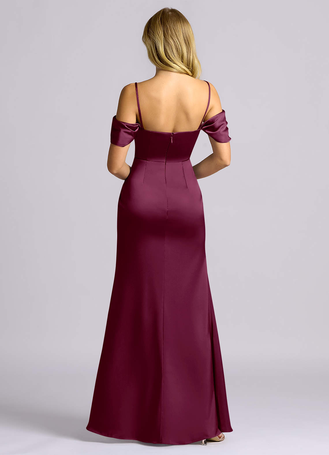 Auden Sheath Off-the-Shoulder Stretch Satin Bridesmaid Dress in Mulberry