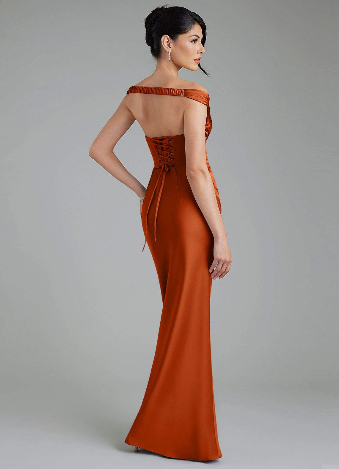 Stella Sheath V-Neck Stretch Satin Bridesmaid Dress in Burnt Orange