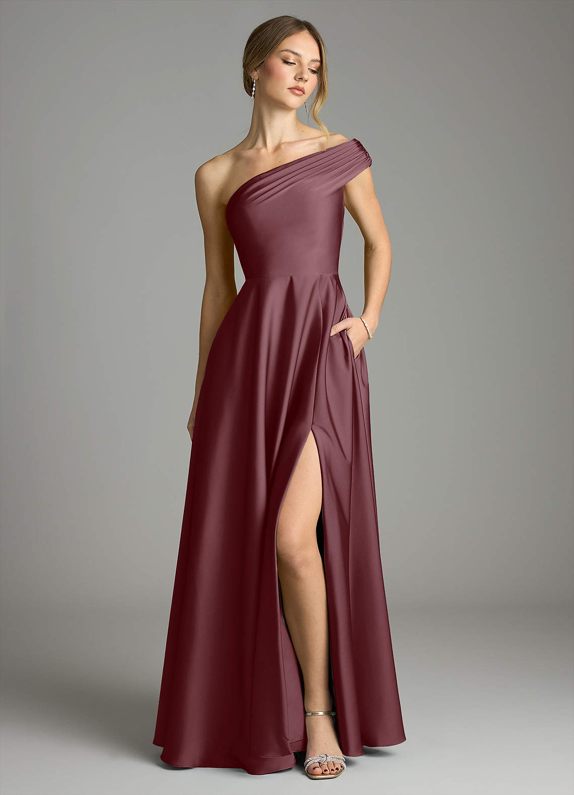 Melanie A-Line One-Shoulder Stretch Satin Bridesmaid Dress in Sangria
