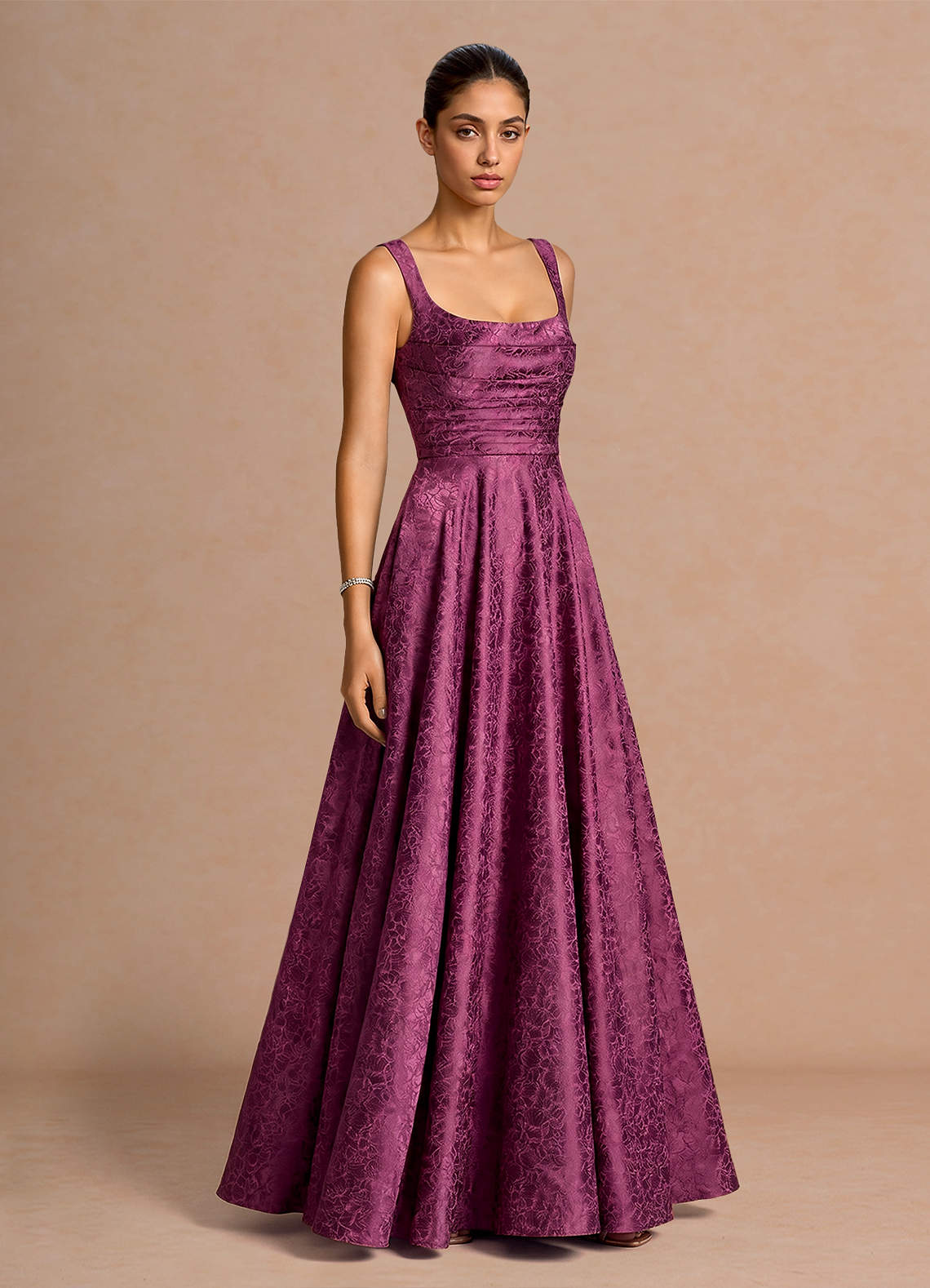 Elowena A-Line Square-Neck Satin Jacquard Evening Dress in Plum Purple