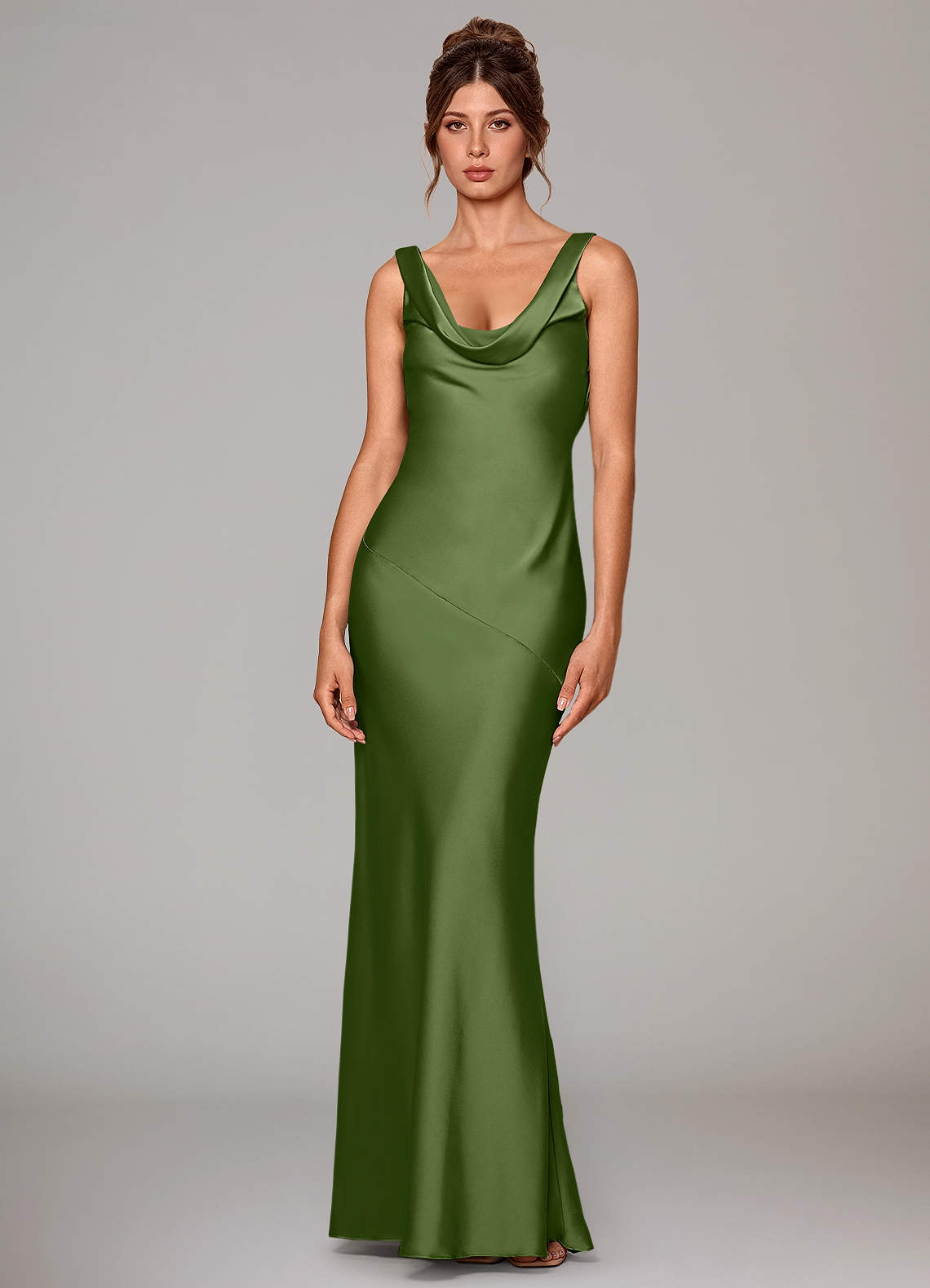 Rylina Mermaid Cowl-Neck Stretch Satin Bridesmaid Dress in Juniper