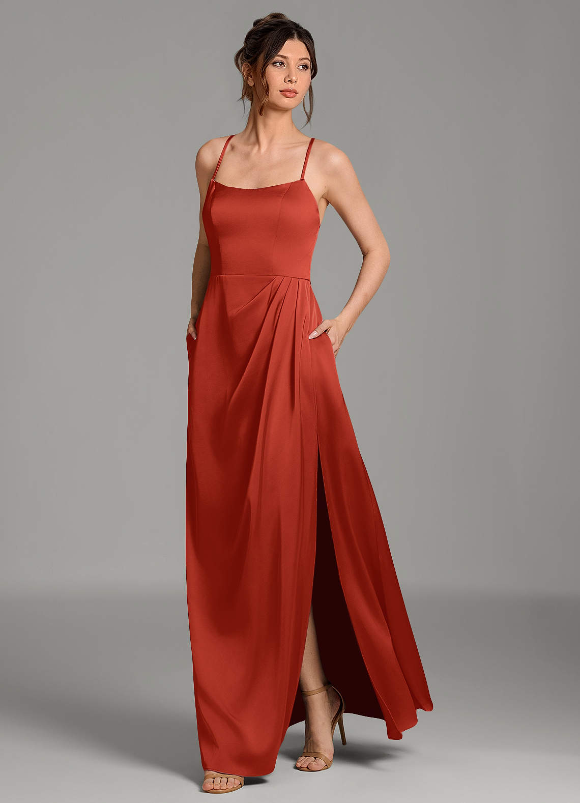 Frankie A-Line Scoop-Neck Stretch Satin Bridesmaid Dress in Rust