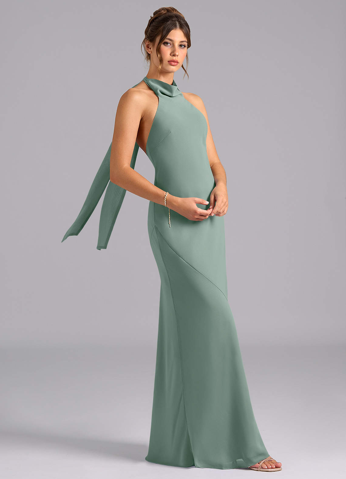 Velli Mermaid Halter Chiffon Bridesmaid Dress in Silver Sage