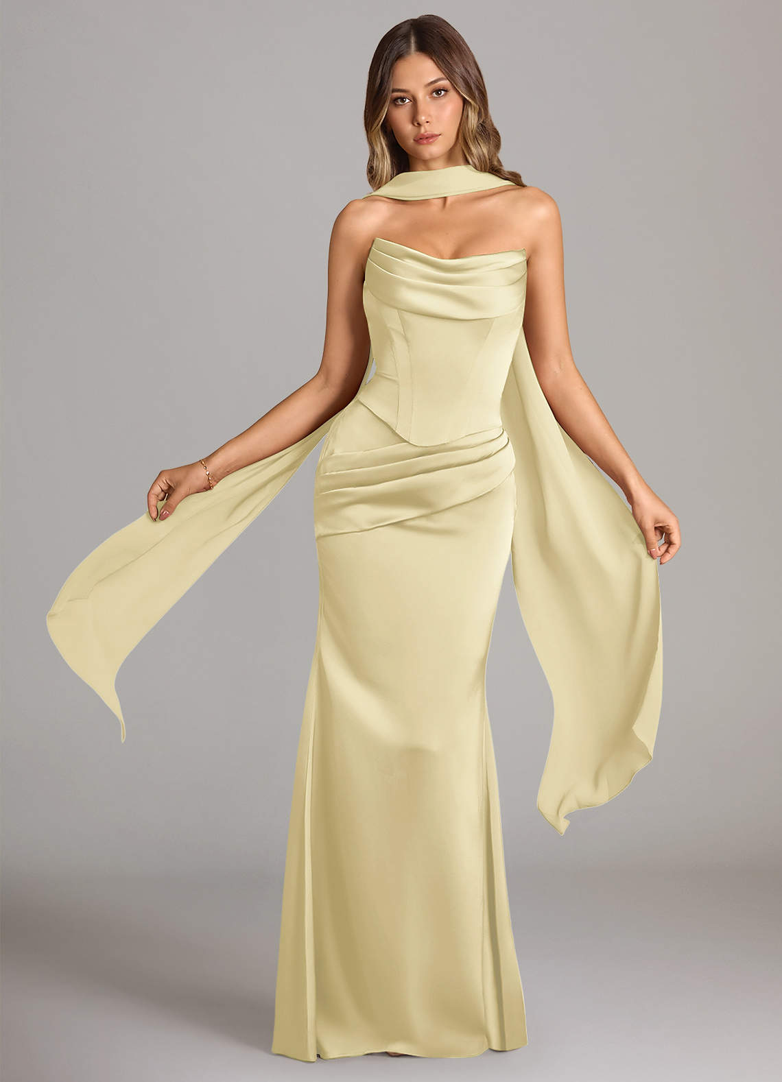 Sorrel Mermaid Cowl-Neck Stretch Satin and Chiffon Bridesmaid Dress in Lemon Sorbet