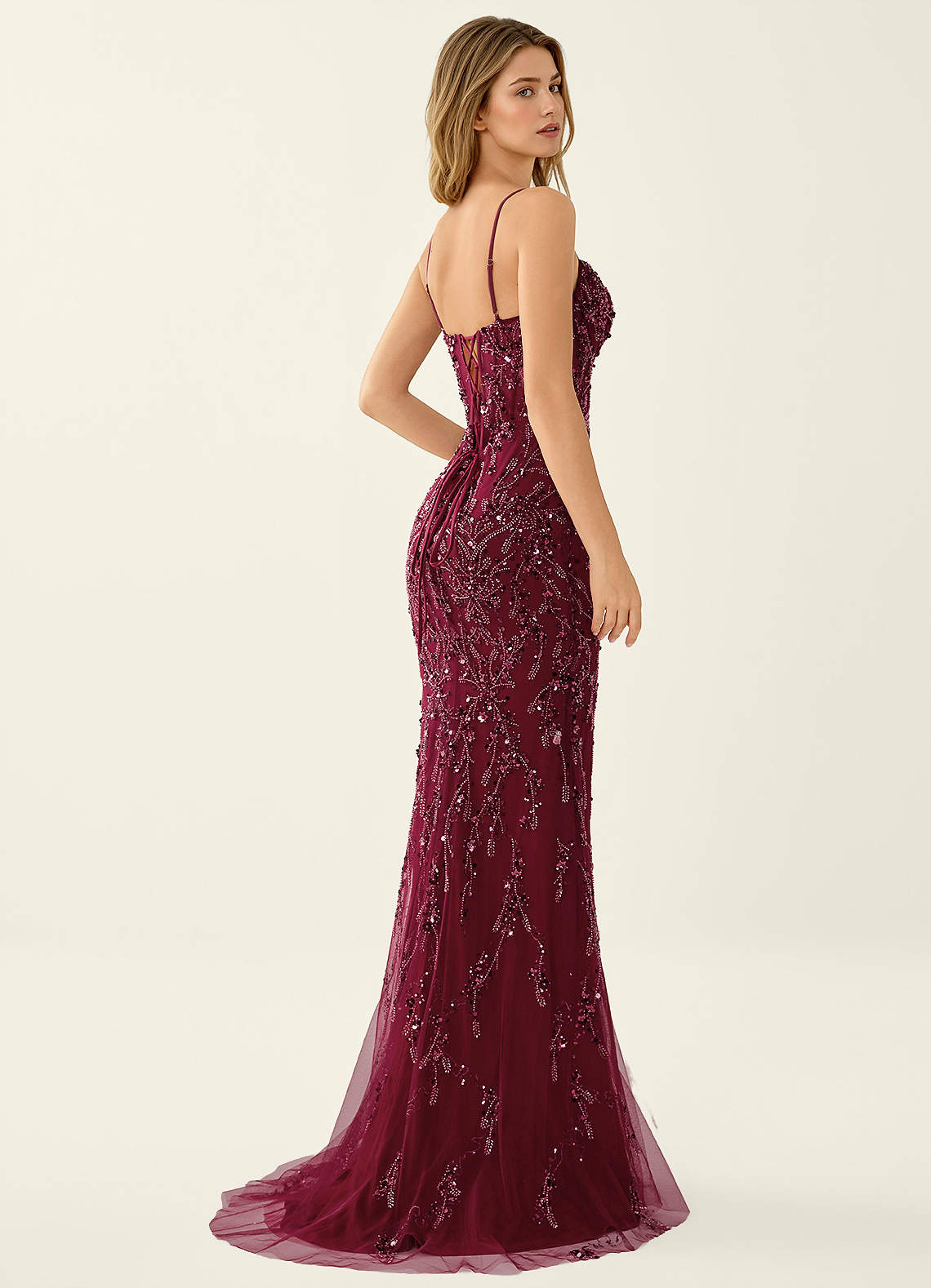 Zivah Mermaid V-Neck Beaded Stretch Mesh Evening Dress in Burgundy