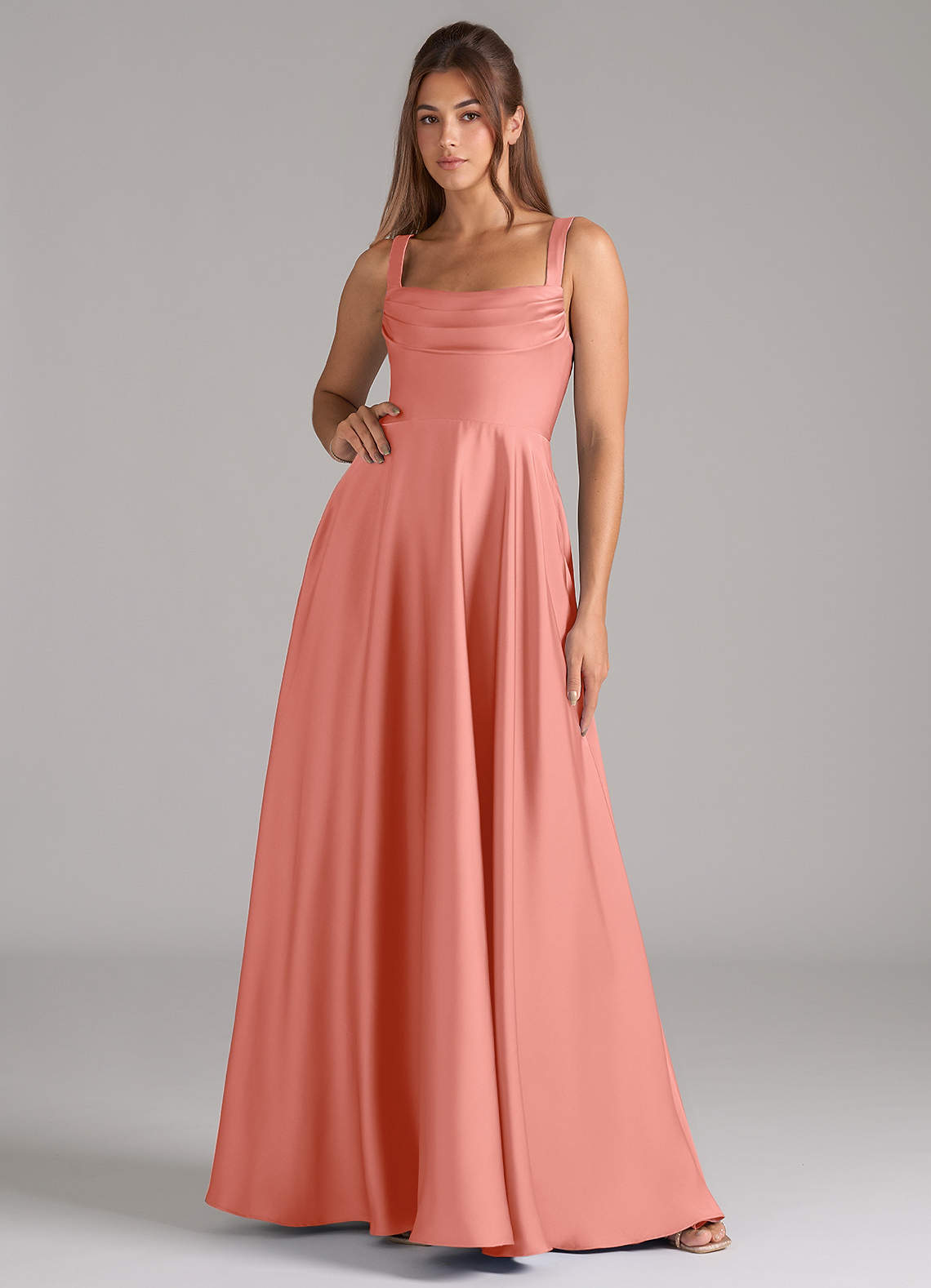 Shaude A-Line Square-Neck Stretch Satin Bridesmaid Dress in Coral