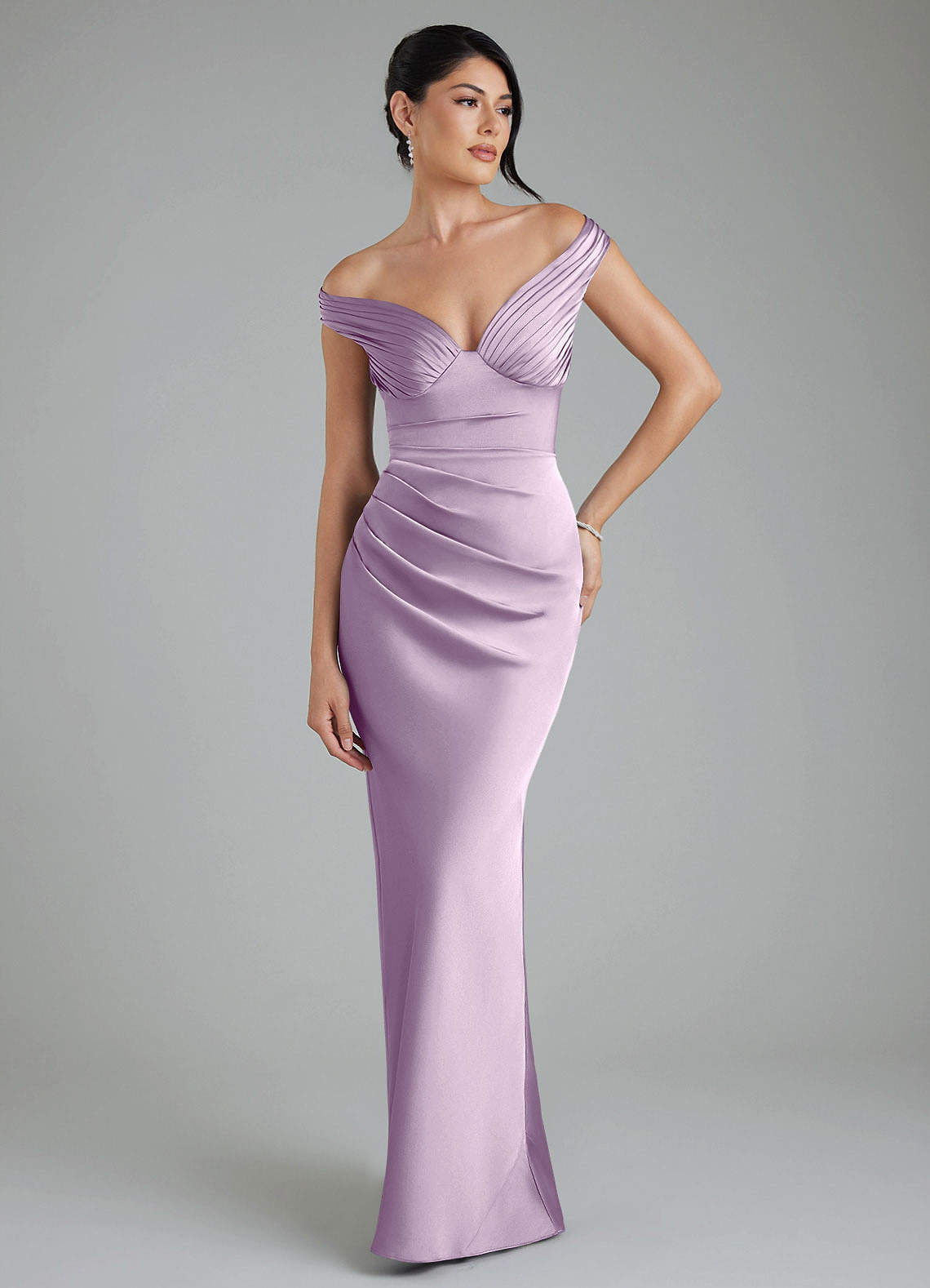 Stella Sheath V-Neck Stretch Satin Bridesmaid Dress in Frosted Lilac