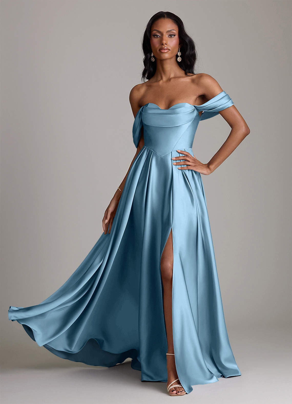 Loisa A-Line Off-the-Shoulder Stretch Satin Bridesmaid Dress in Steel Blue