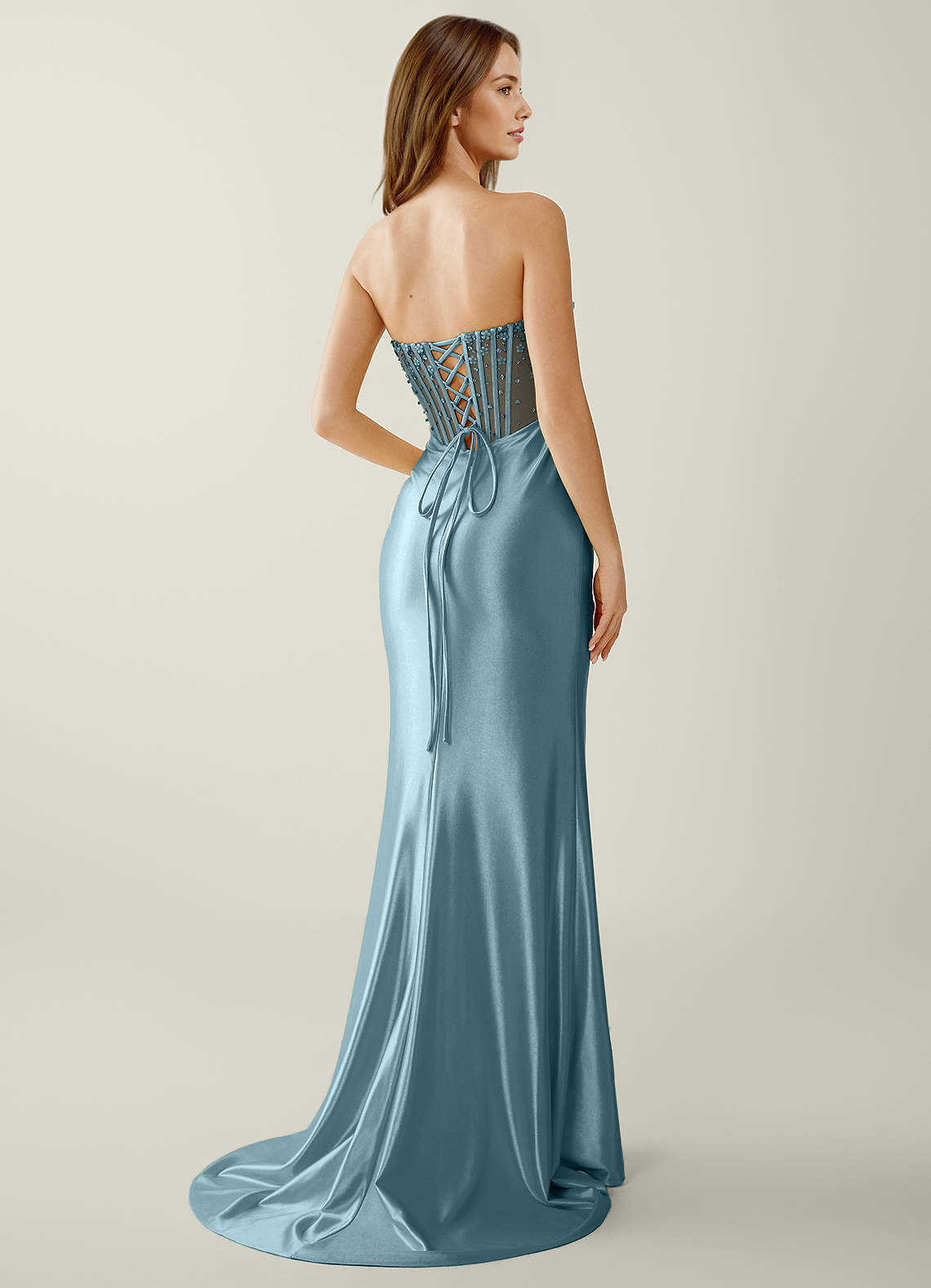 Willa Mermaid Strapless Sequined Satin Evening Dress in dusty blue