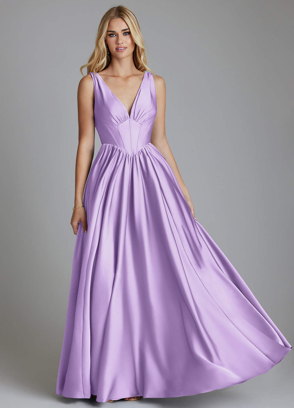 Delmie A-Line V-Neck Stretch Satin Bridesmaid Dress in Lilac