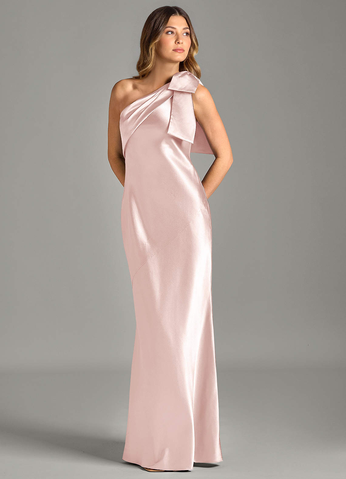 Yuanna Mermaid One-Shoulder Metallic Satin Bridesmaid Dress in Blushing Pink