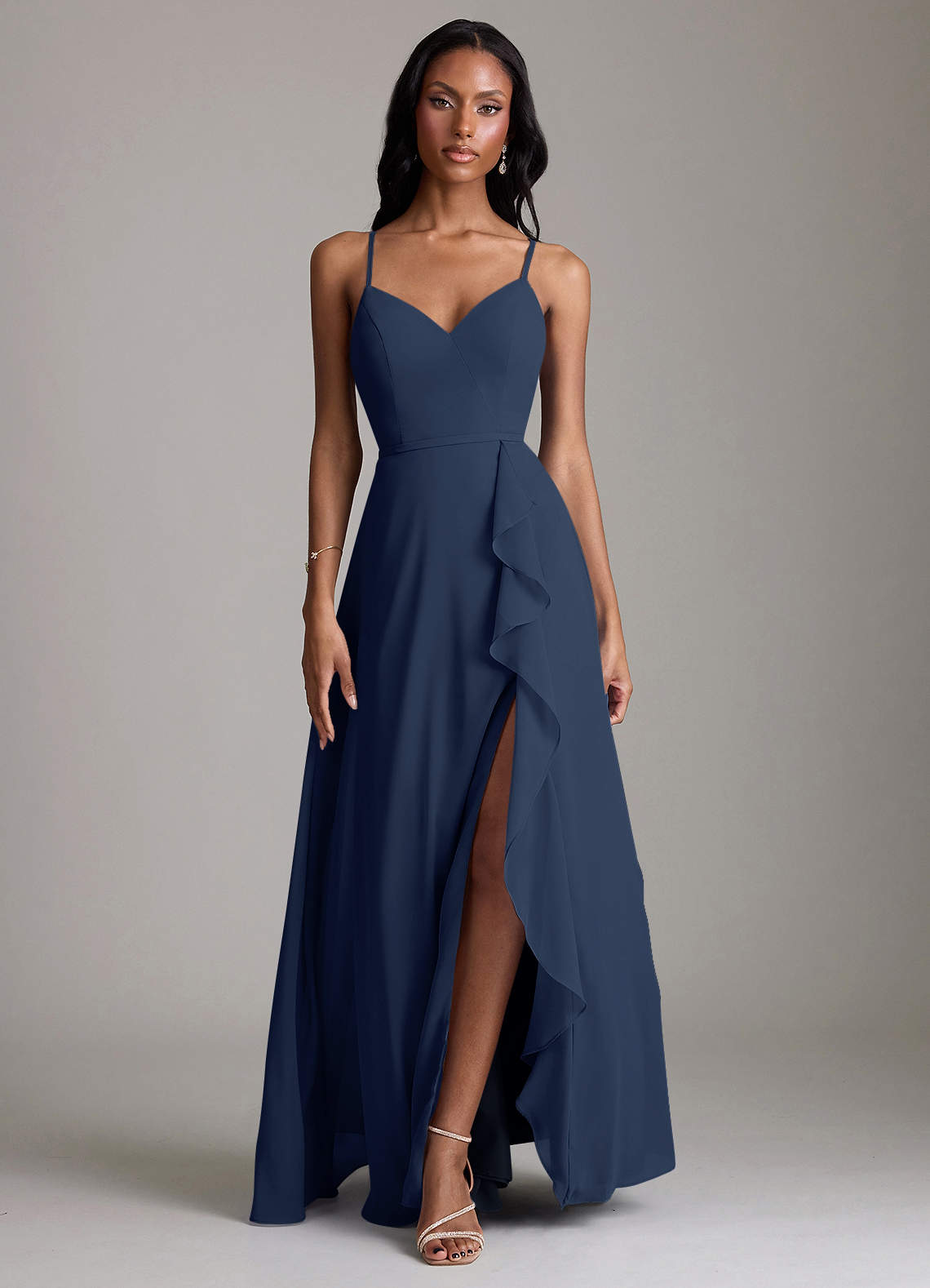 Naeem A-Line V-Neck Chiffon Bridesmaid Dress in Dark Navy