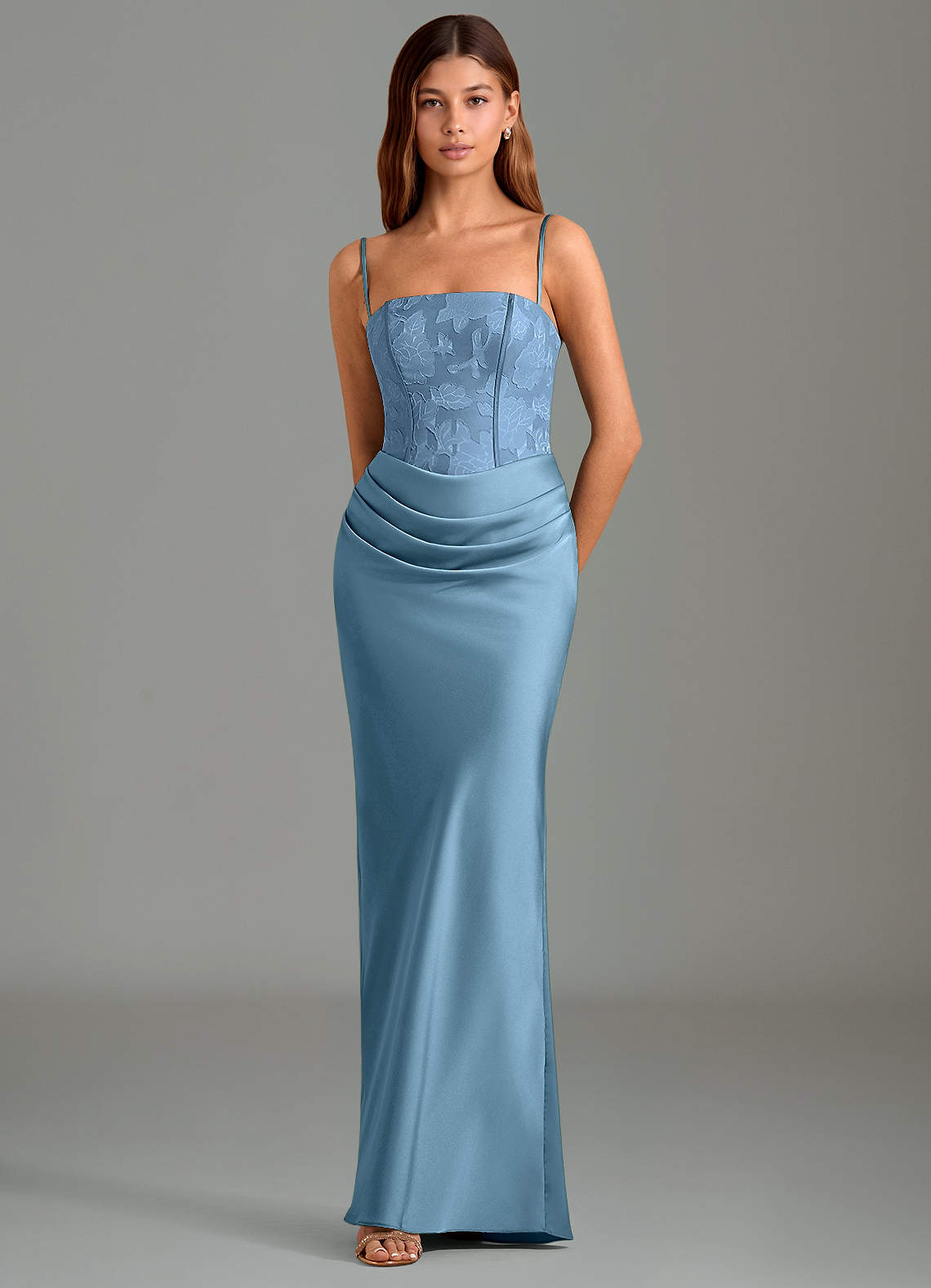 Emilia Mermaid Strapless Stretch Satin and Floral Burnout Bridesmaid Dress in Steel Blue