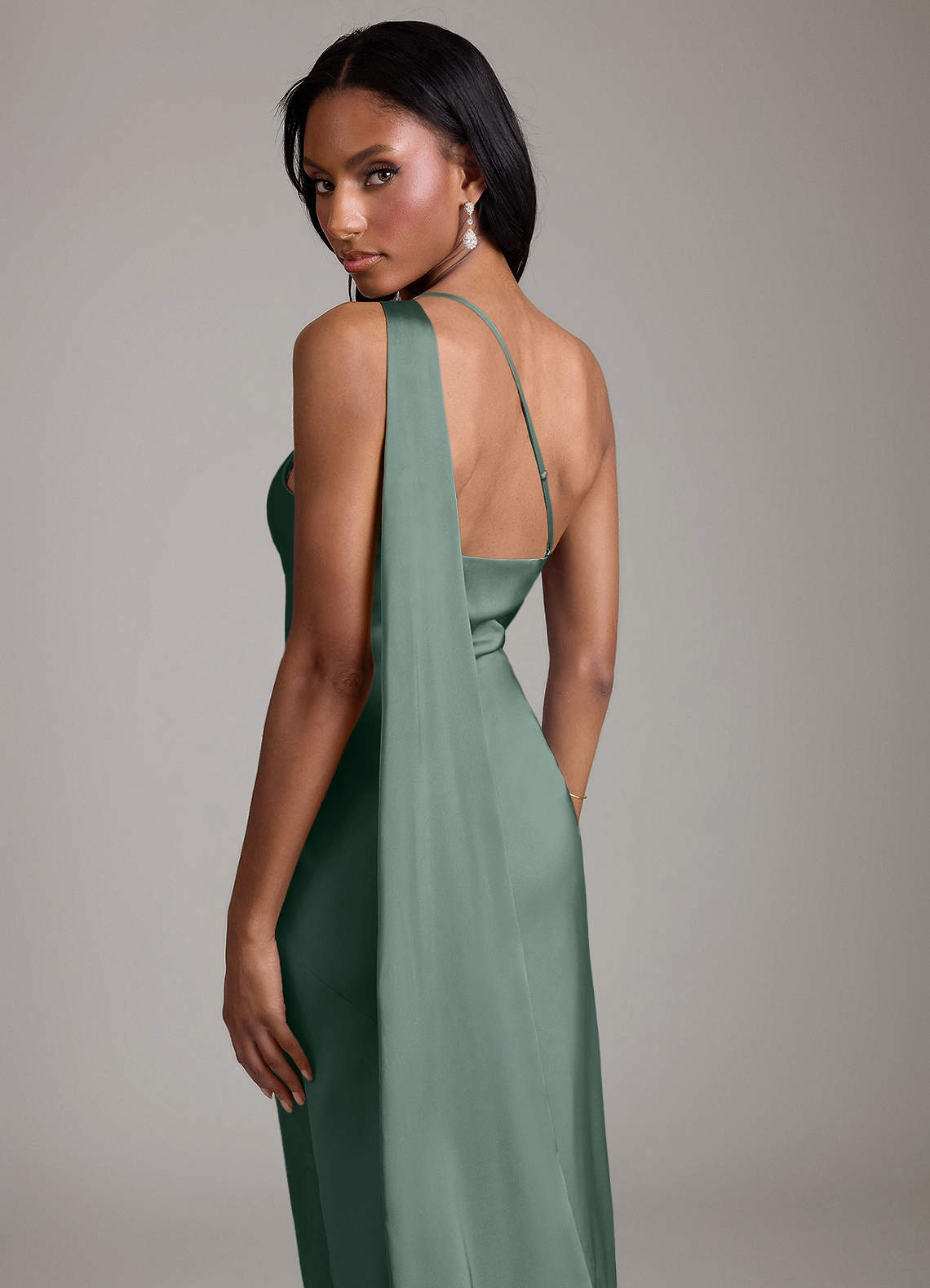 Juniper Mermaid One-Shoulder Stretch Satin Bridesmaid Dress in Sea Moss