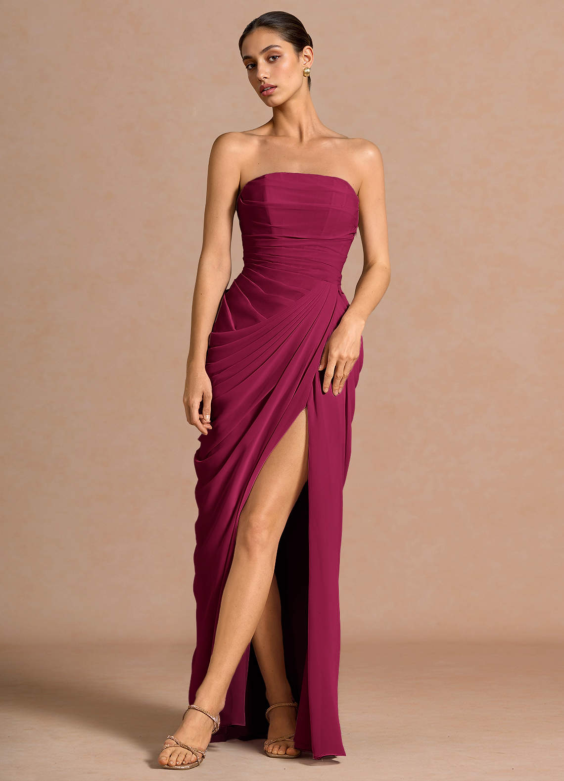 Kaavia Column Pleated Chiffon Maxi Evening Dress in Merlot