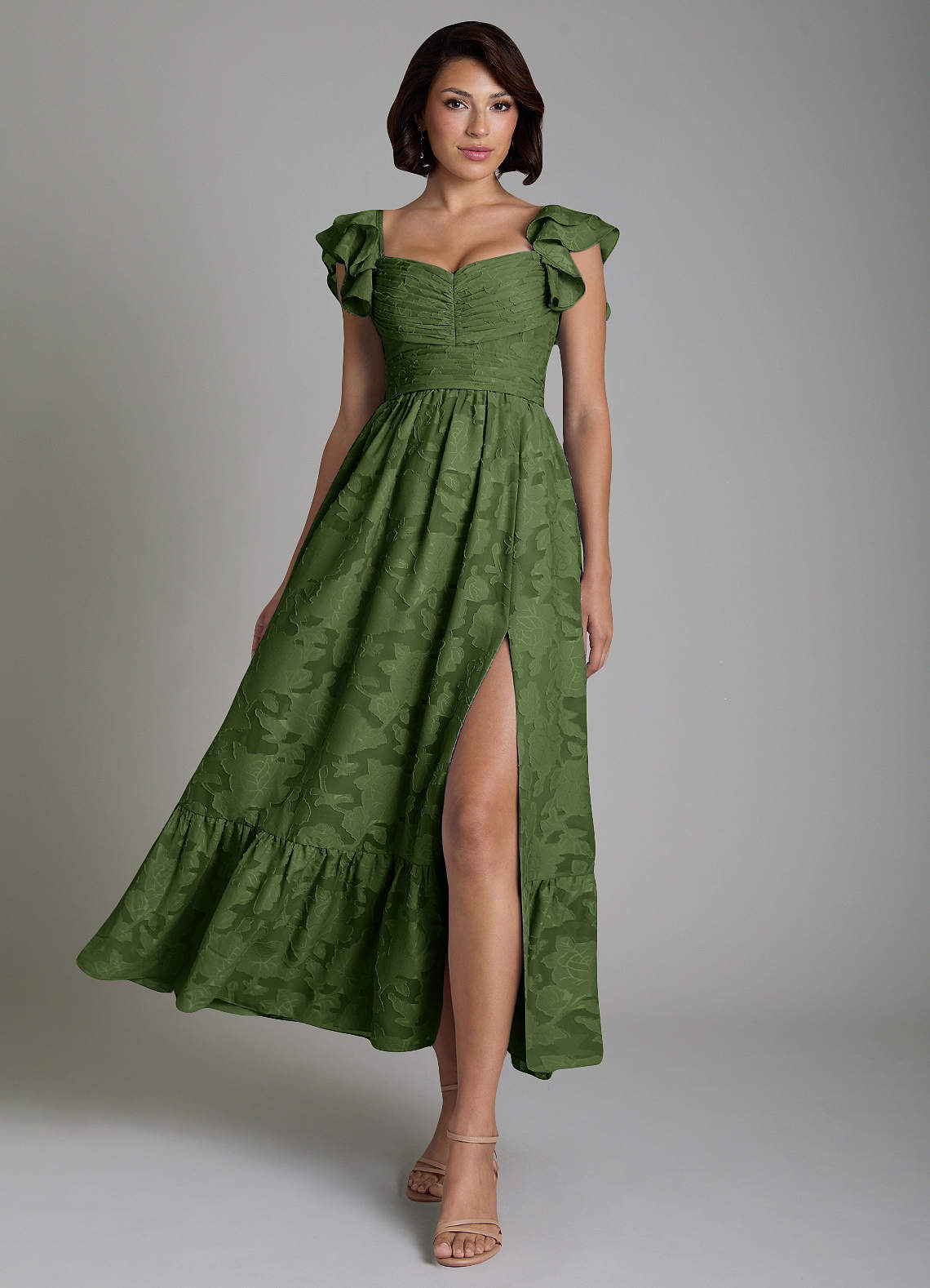 Anaya A-Line V-Neck Floral Burnout Bridesmaid Dress in Olive