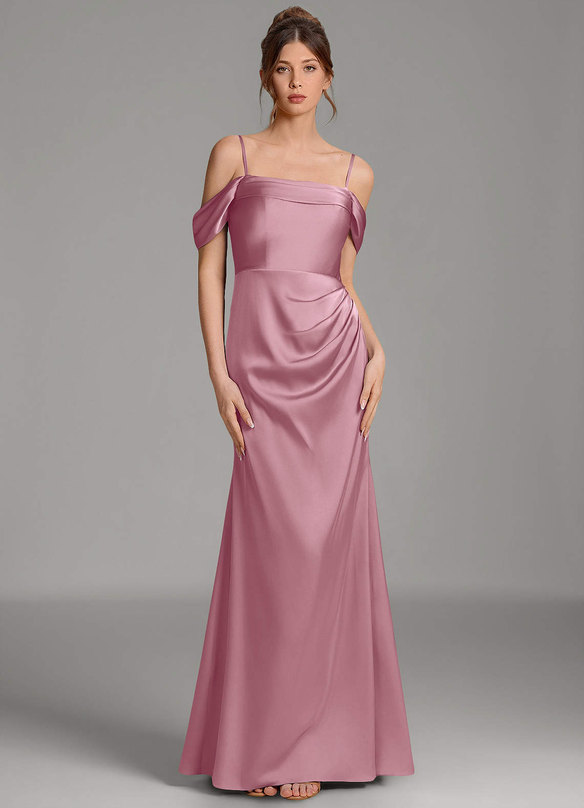 Wyatt Mermaid Off-the-Shoulder Stretch Satin Bridesmaid Dress in Vintage Mauve