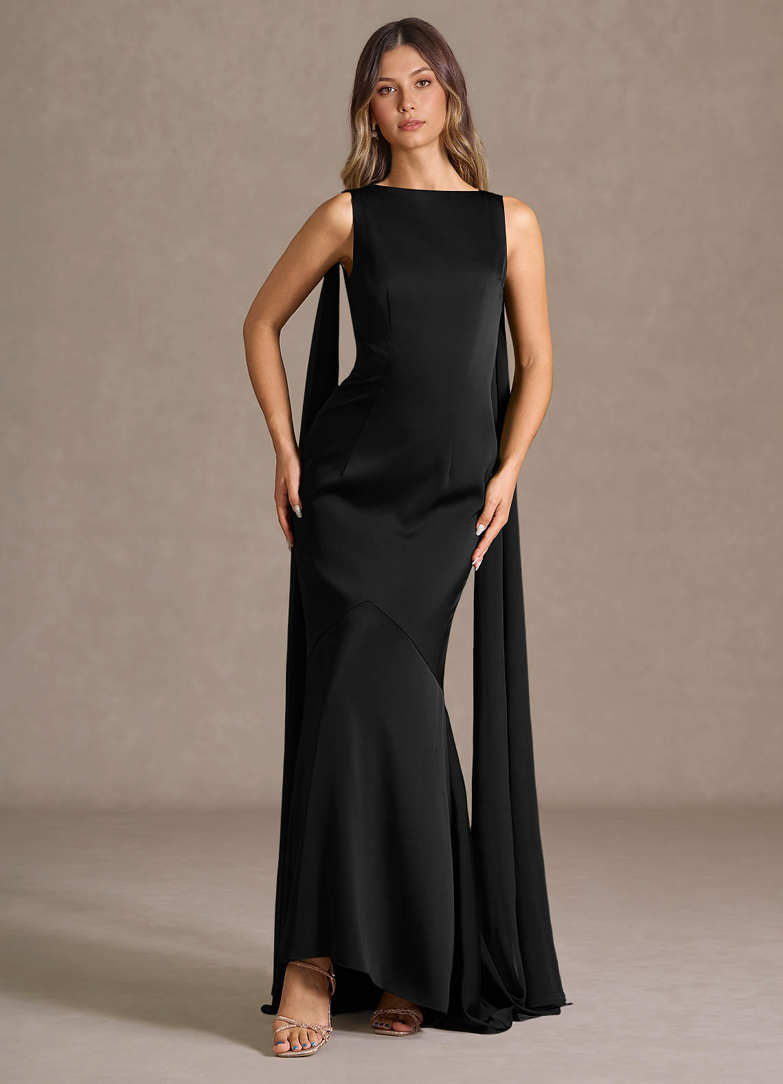 Wynne Mermaid Shoulder-Scarf Stretch Satin Evening Dress in black