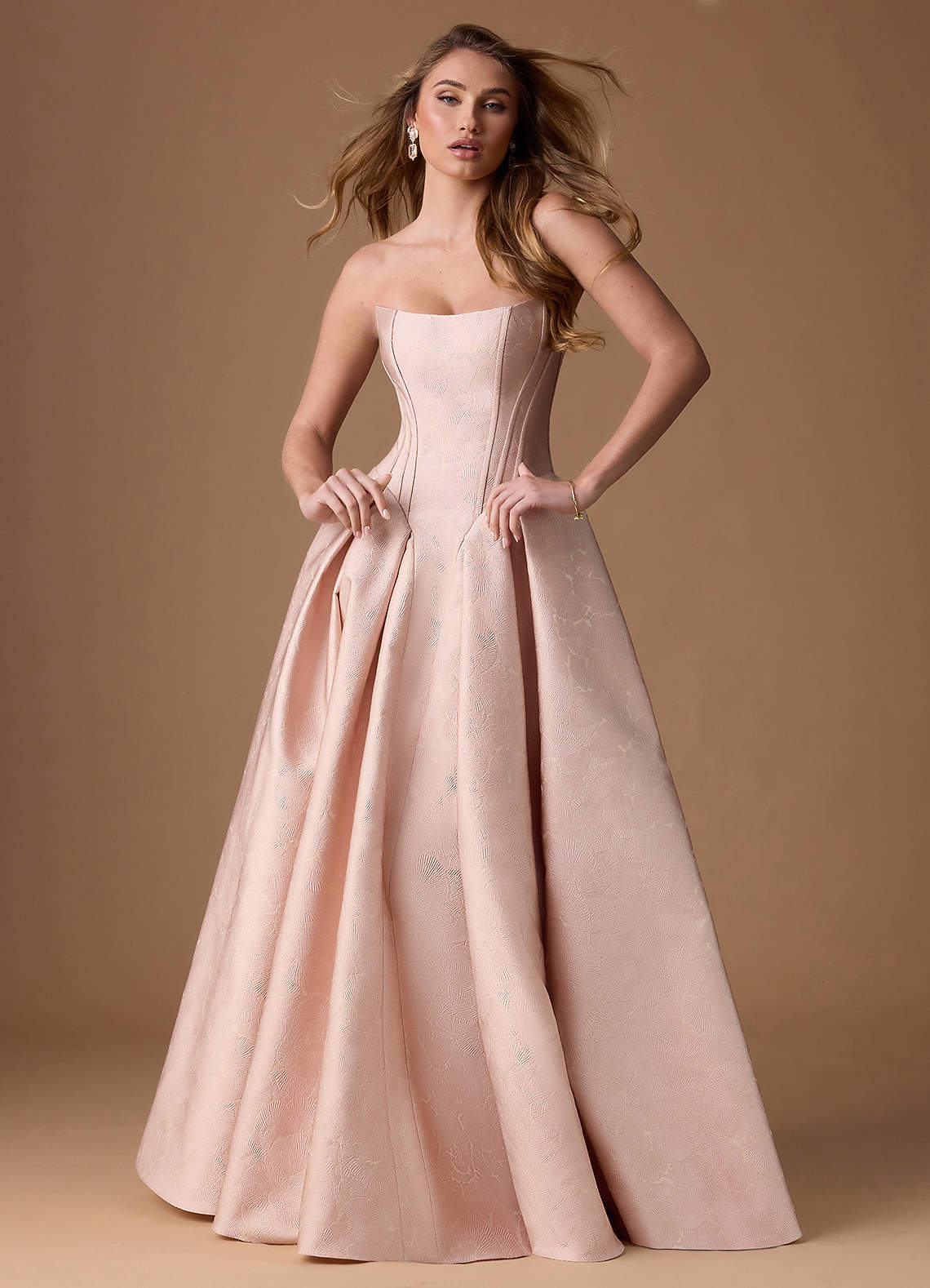 Symone Ball Gown Strapless Jacquard Evening Dress in Oyster Pink