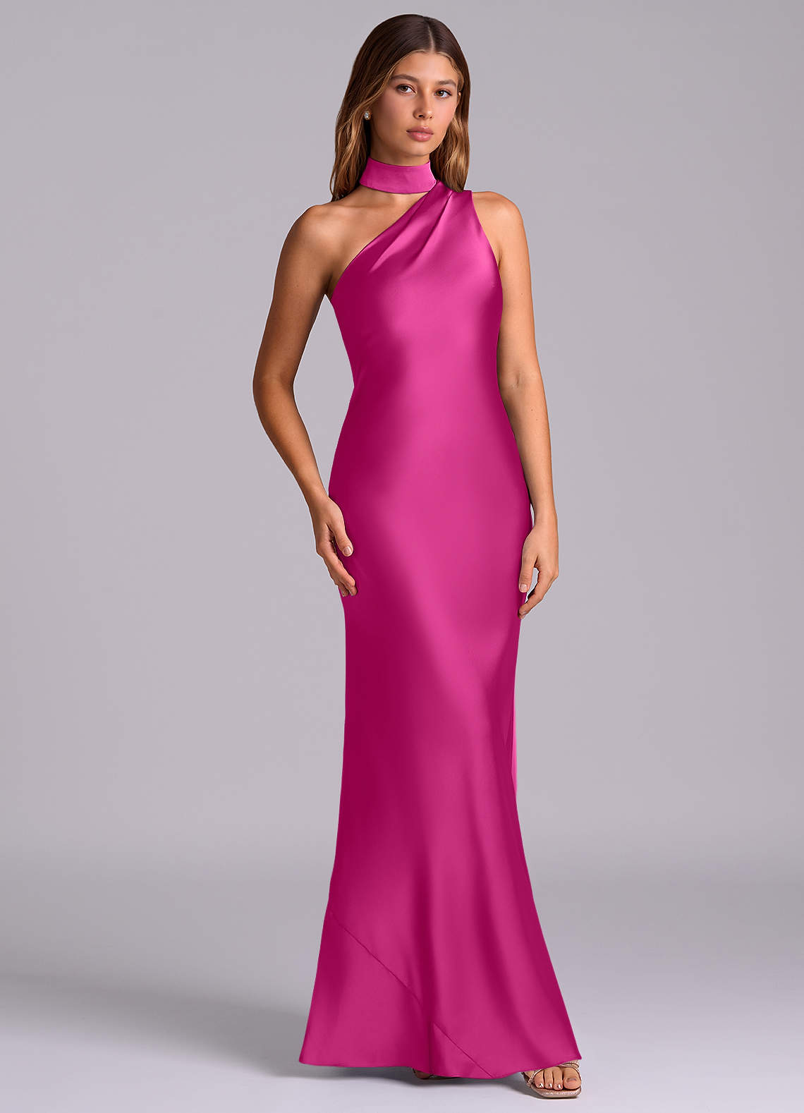 Seona Mermaid One-Shoulder Stretch Satin and Tulle Bridesmaid Dress in Fuchsia