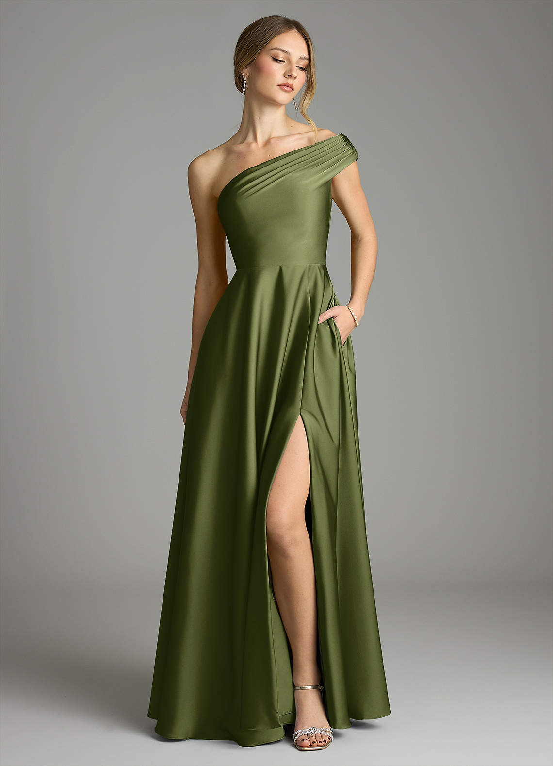 Melanie A-Line One-Shoulder Stretch Satin Bridesmaid Dress in Olive