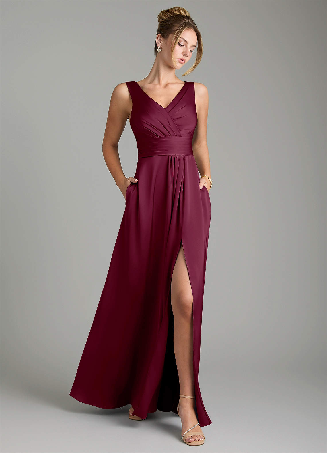 Karina A-Line V-Neck Stretch Satin Bridesmaid Dress in Mulberry