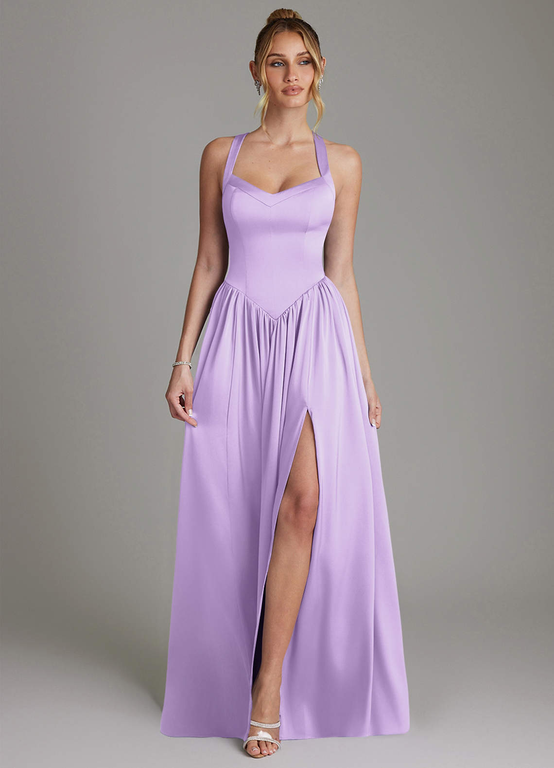 Francis A-Line V-Neck Stretch Satin Bridesmaid Dress in Lilac