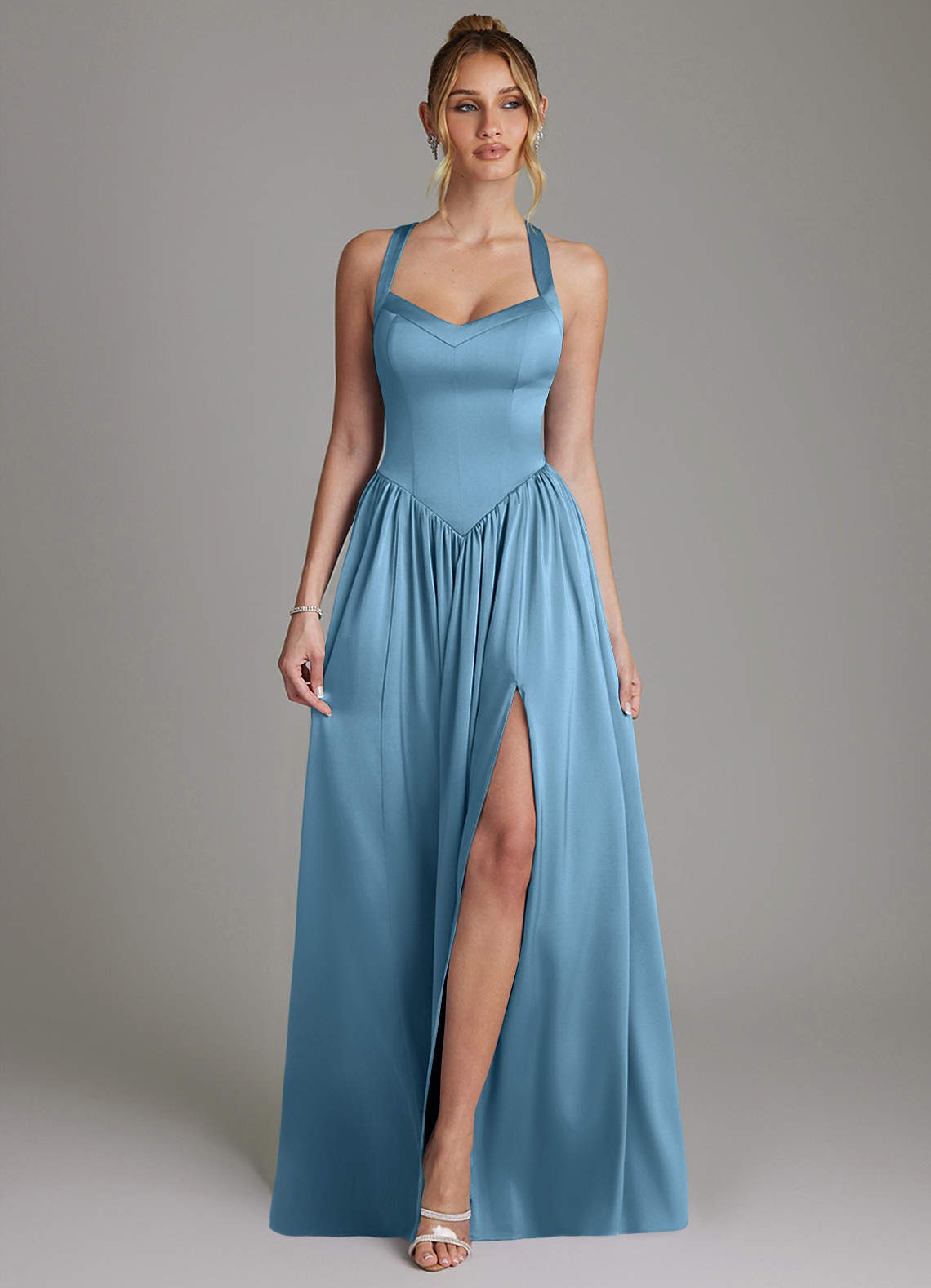 Francis A-Line V-Neck Stretch Satin Bridesmaid Dress in Steel Blue