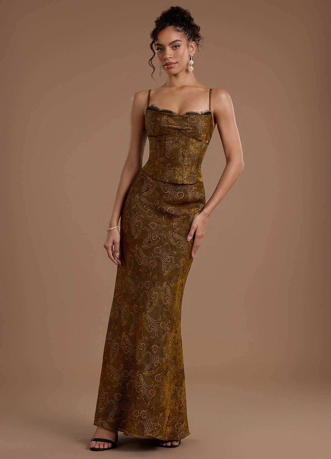 Reya Mermaid Scoop-Neck Brocade Wedding Guest Dress in Mocha Paisley