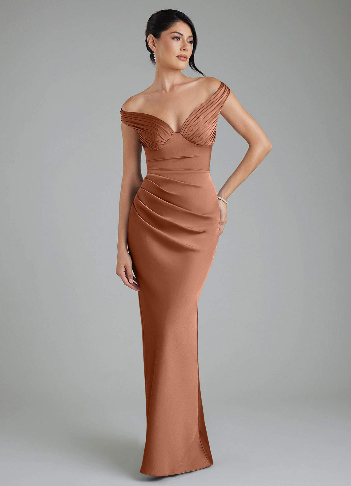 Stella Sheath V-Neck Stretch Satin Bridesmaid Dress in Bronzer