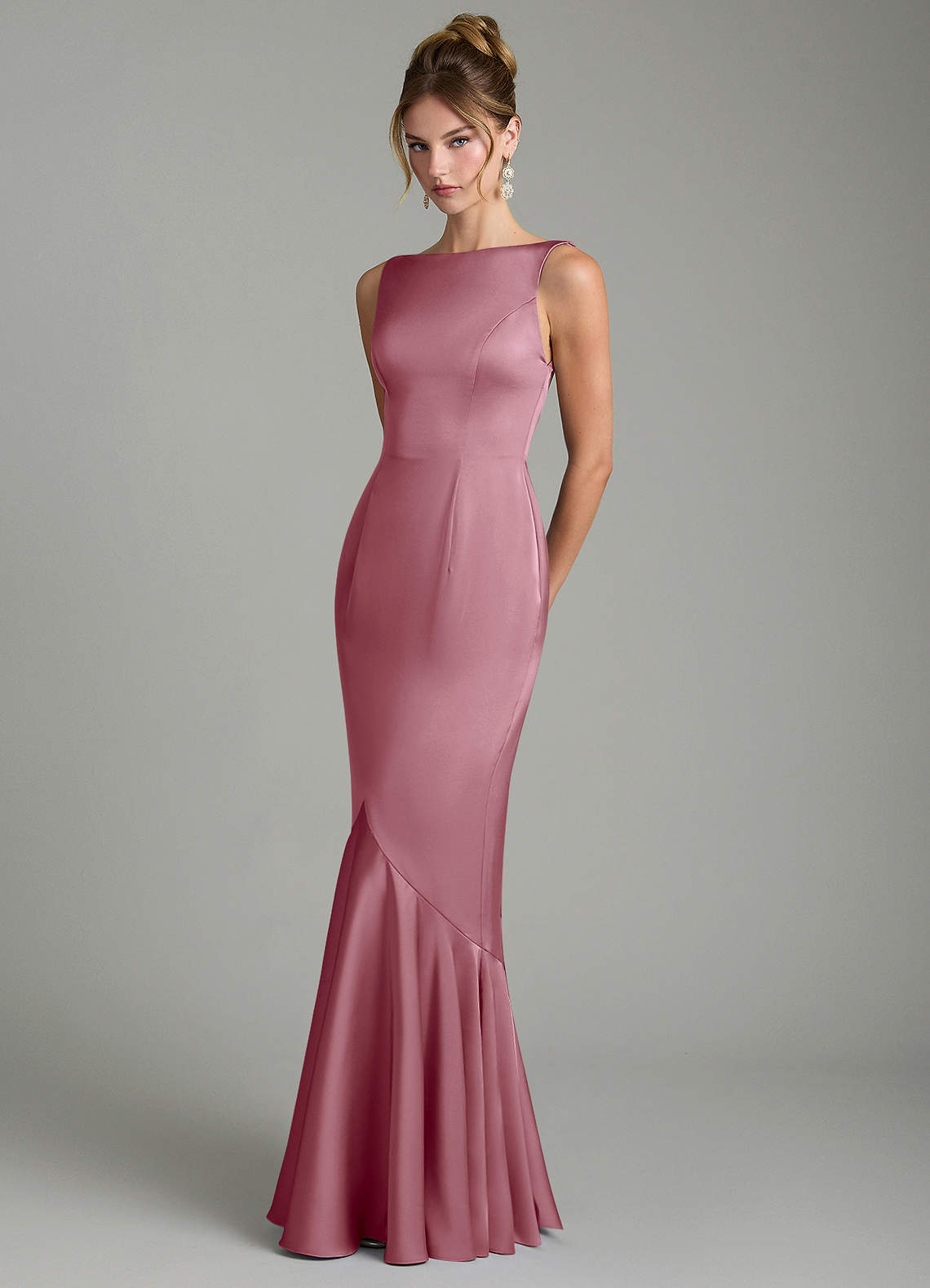 Tamera Mermaid Boat-Neck Stretch Satin and Chiffon Bridesmaid Dress in Vintage Mauve