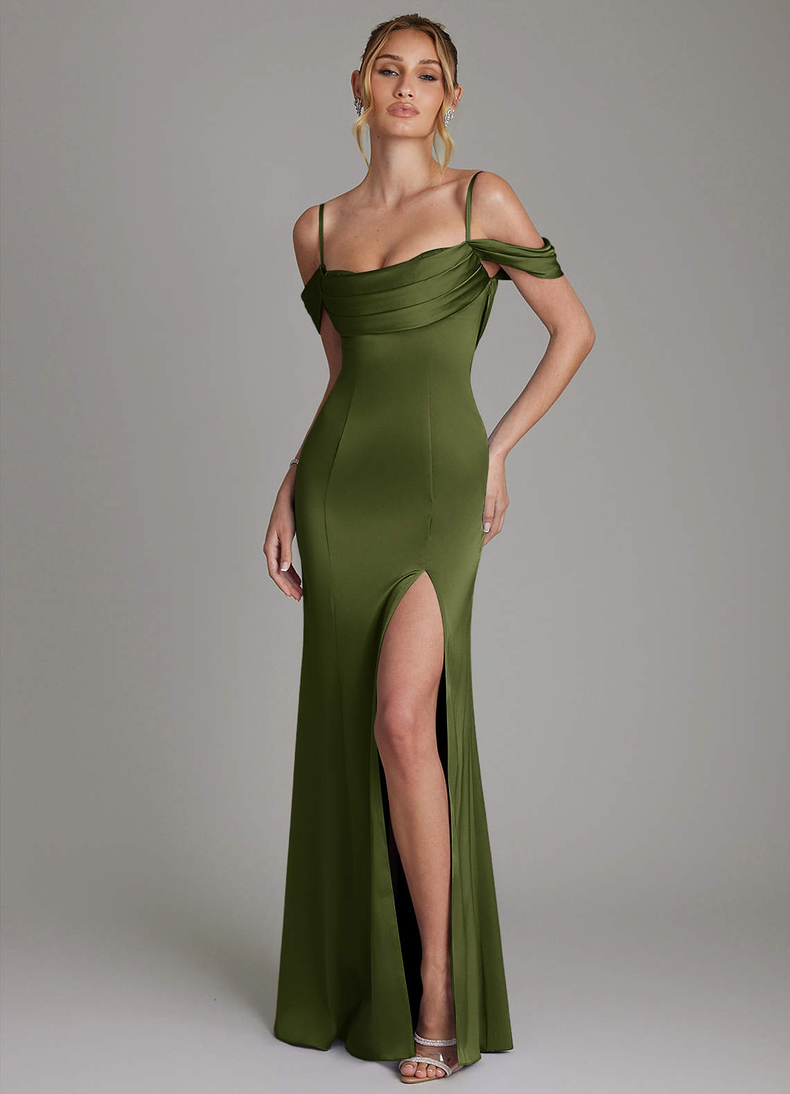 Nira Mermaid Sweetheart Stretch Satin Bridesmaid Dress in Olive