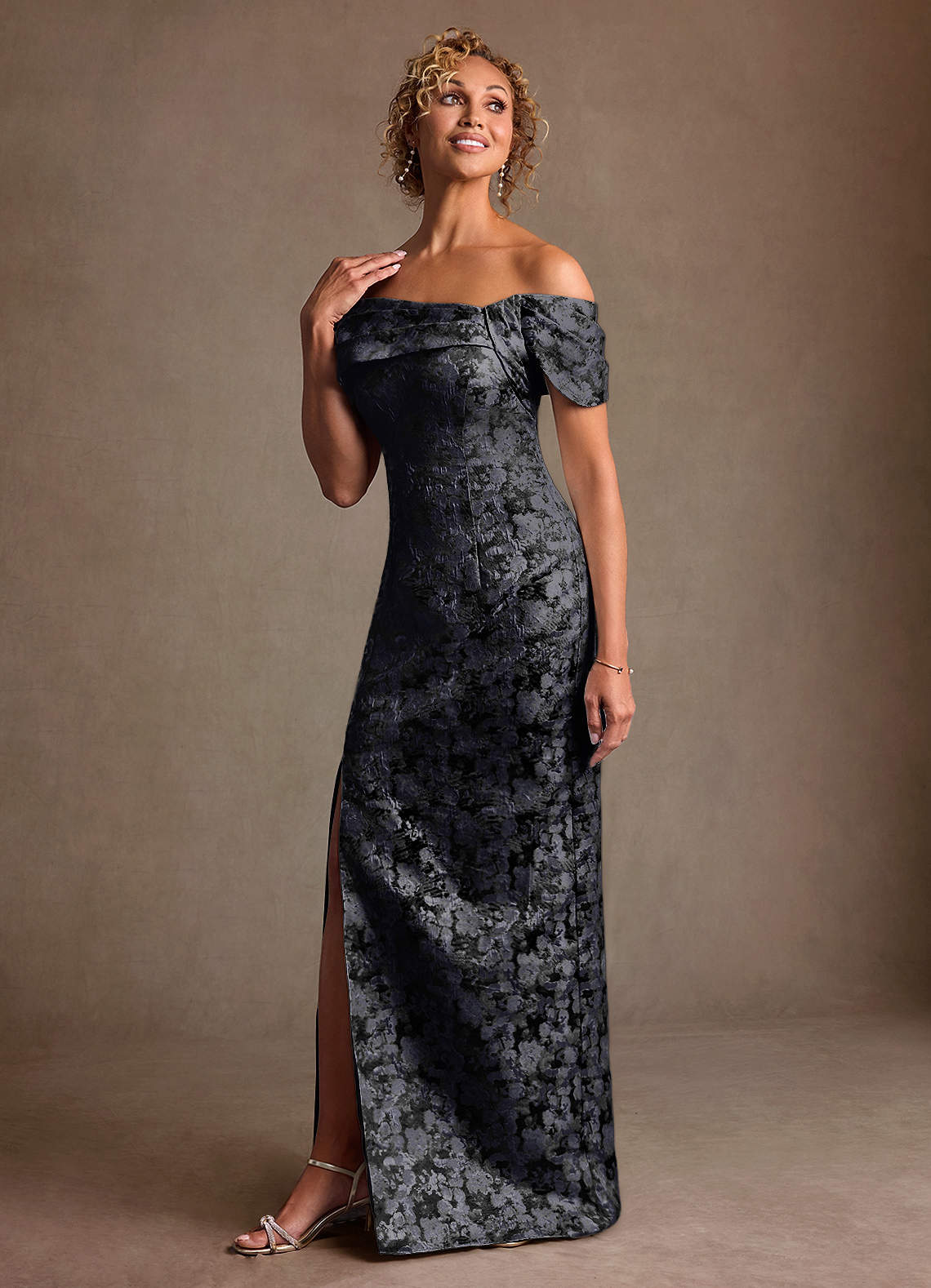 Zion Sheath Off-the-Shoulder Jacquard Mother of the Bride Dress in black