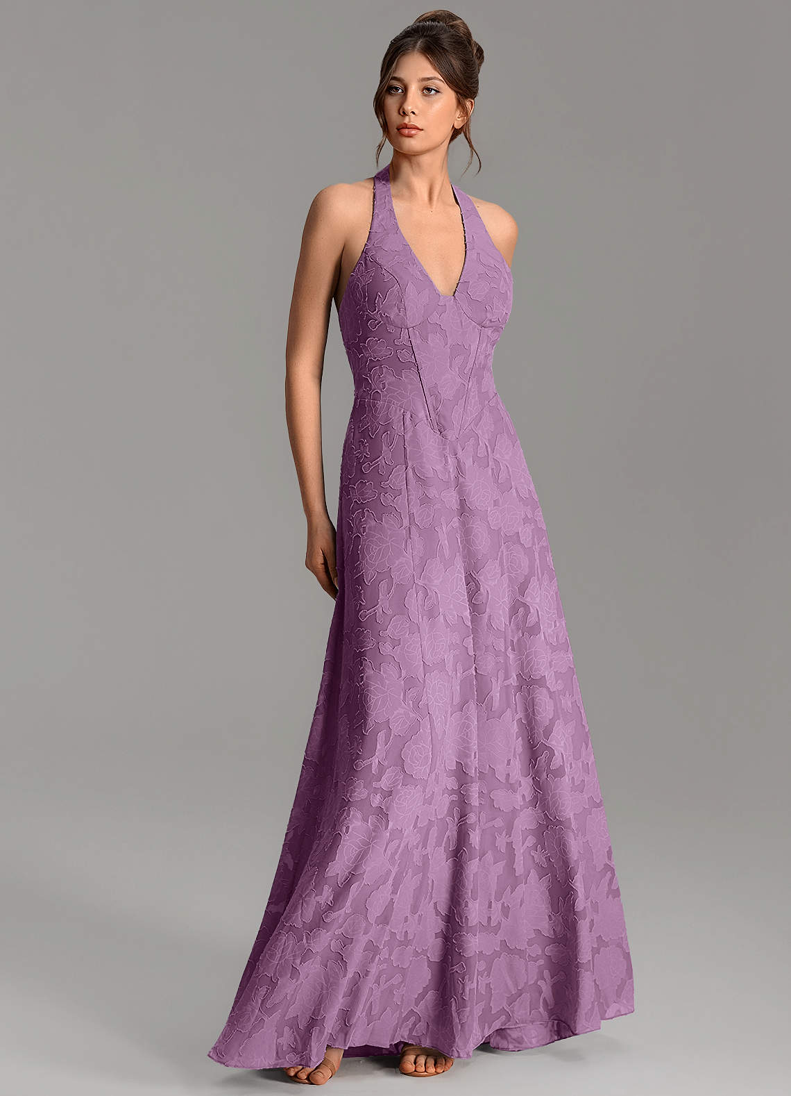 Nia A-Line V-Neck Floral Burnout Bridesmaid Dress in Wisteria