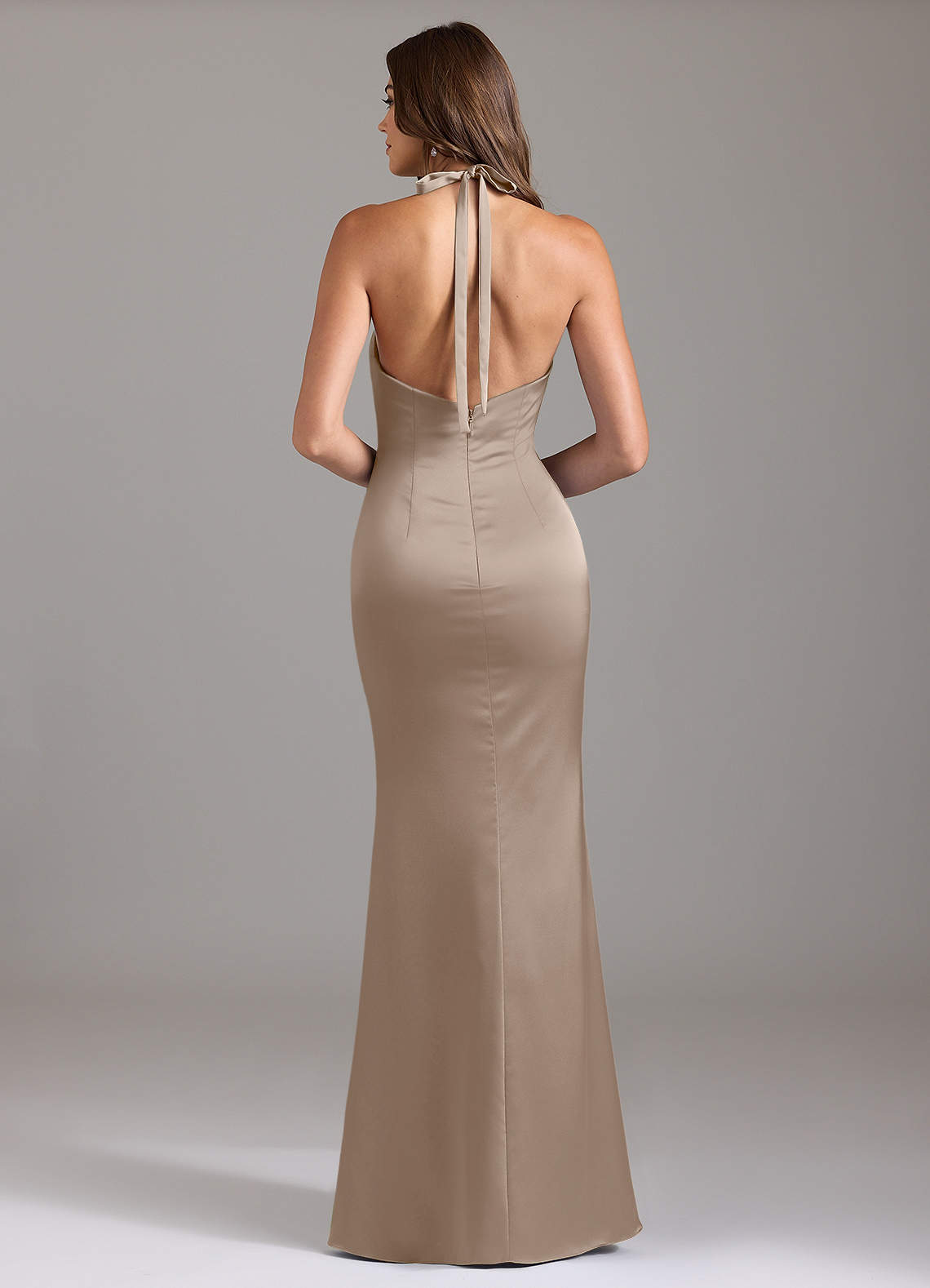 Valerie Mermaid V-Neck Stretch Satin Bridesmaid Dress in Taupe