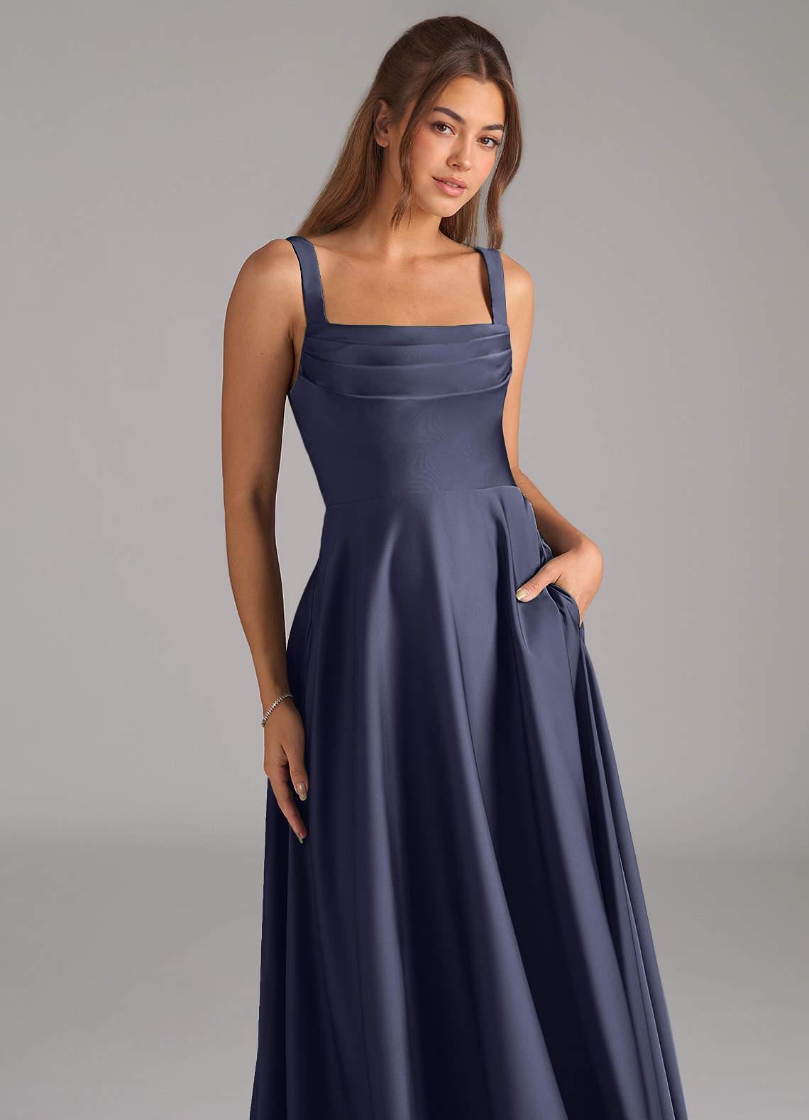 Shaude A-Line Square-Neck Stretch Satin Bridesmaid Dress in Stormy
