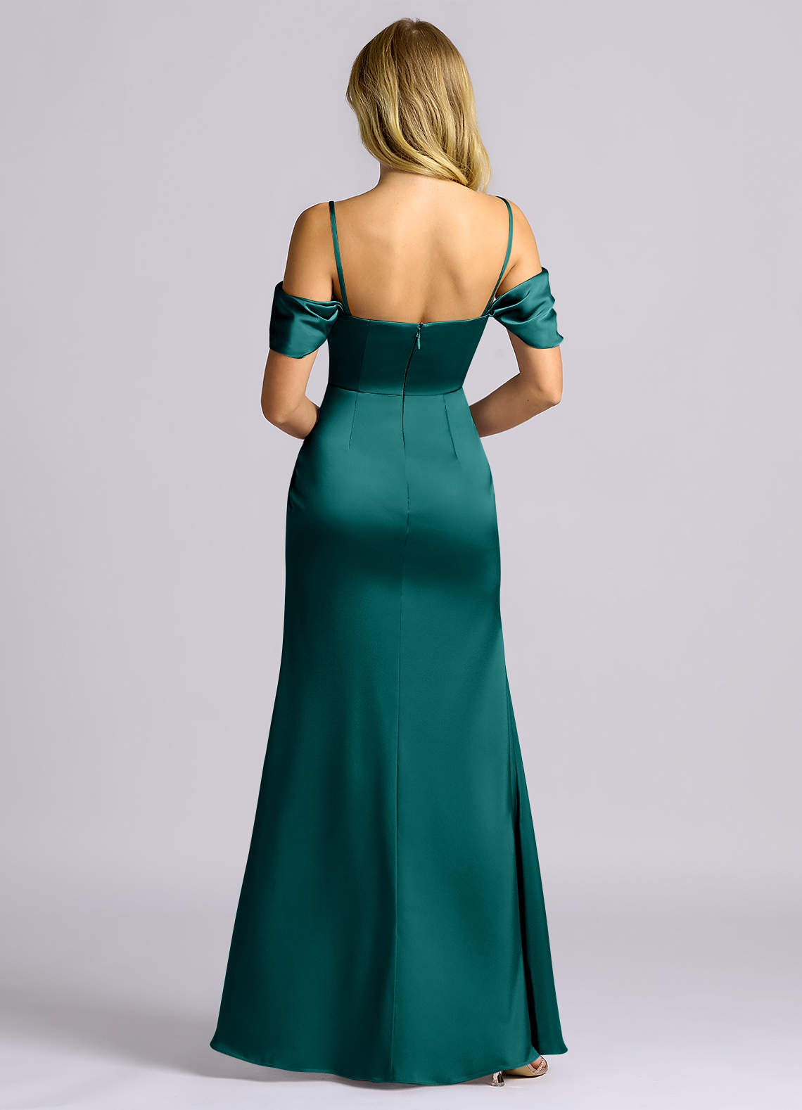 Auden Sheath Off-the-Shoulder Stretch Satin Bridesmaid Dress in Peacock