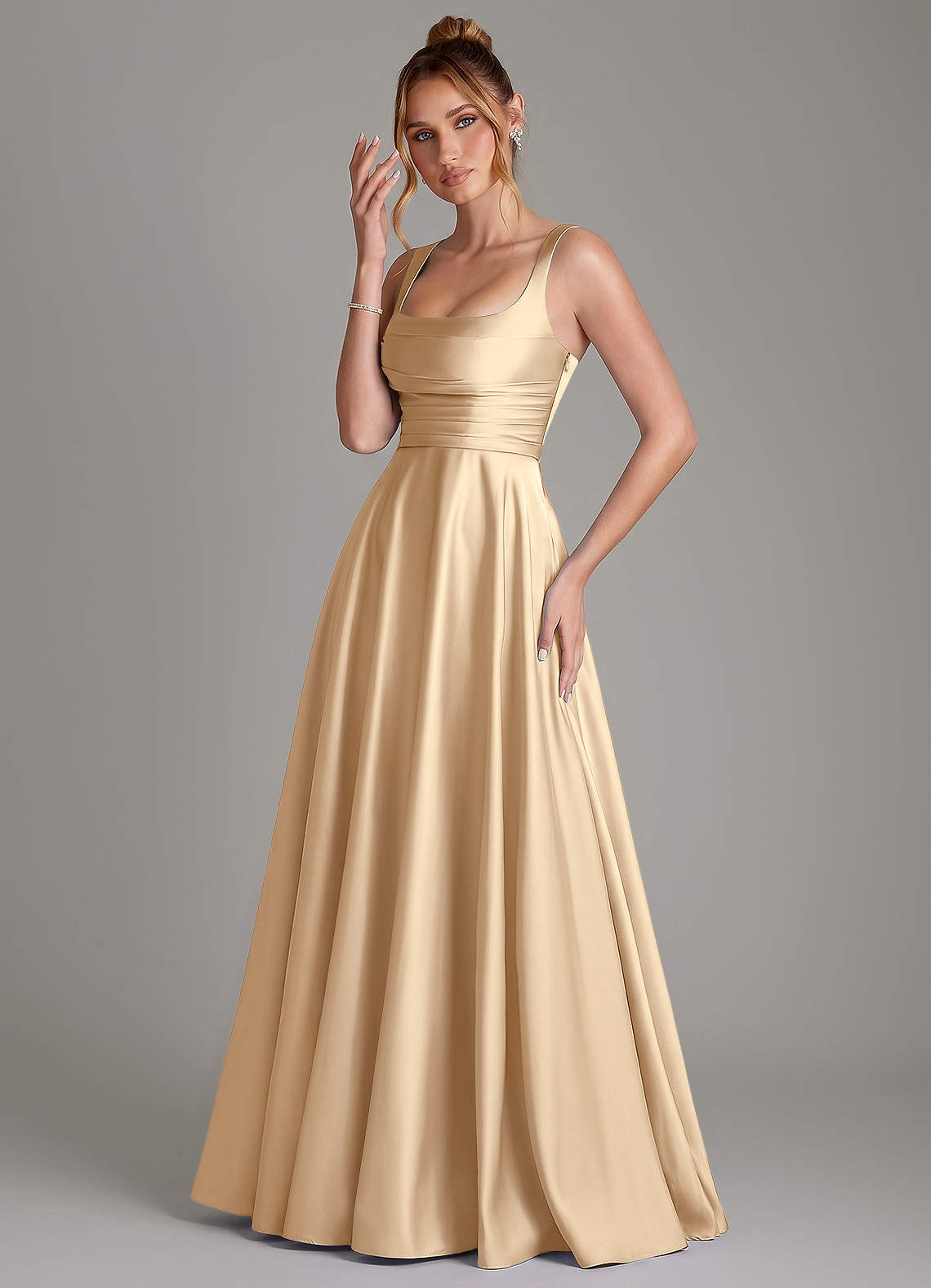 Azaria A-Line Square-Neck Stretch Satin Bridesmaid Dress in Champagne