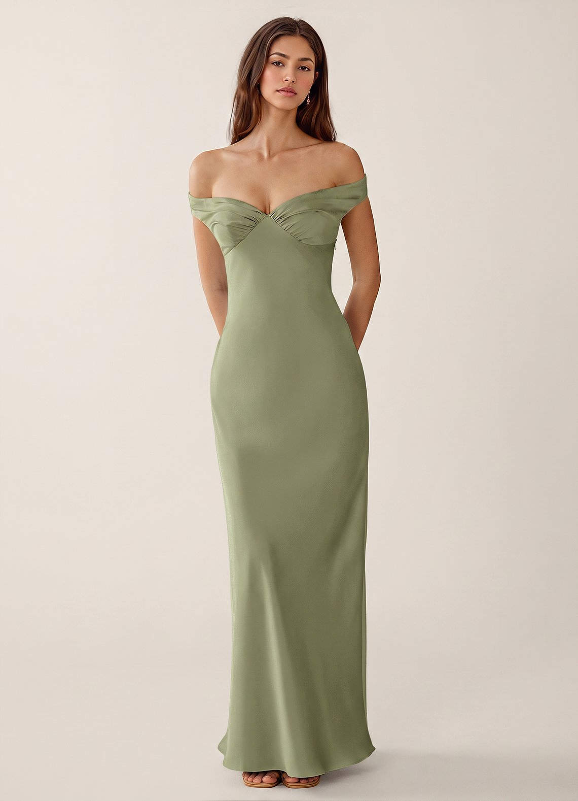 Gwendonme Sheath Off-the-Shoulder Satin Crystal Linen Evening Dress in Pistachio