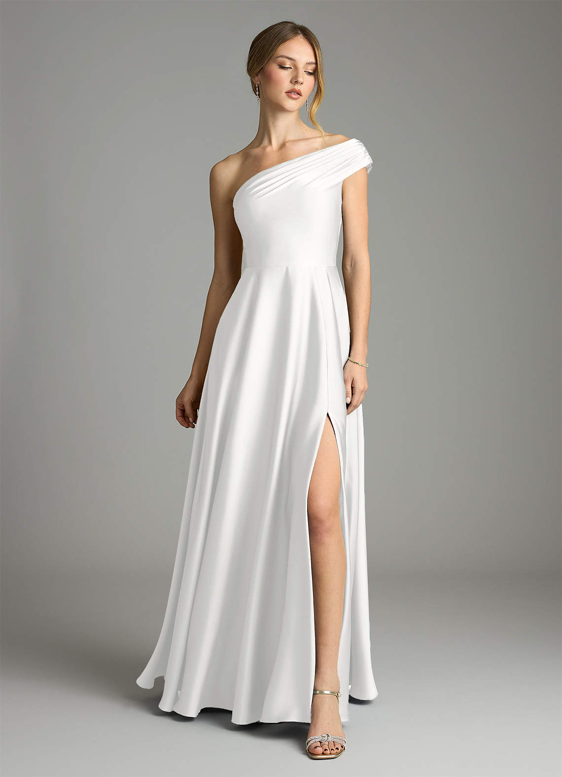 Melanie A-Line One-Shoulder Stretch Satin Bridesmaid Dress in white